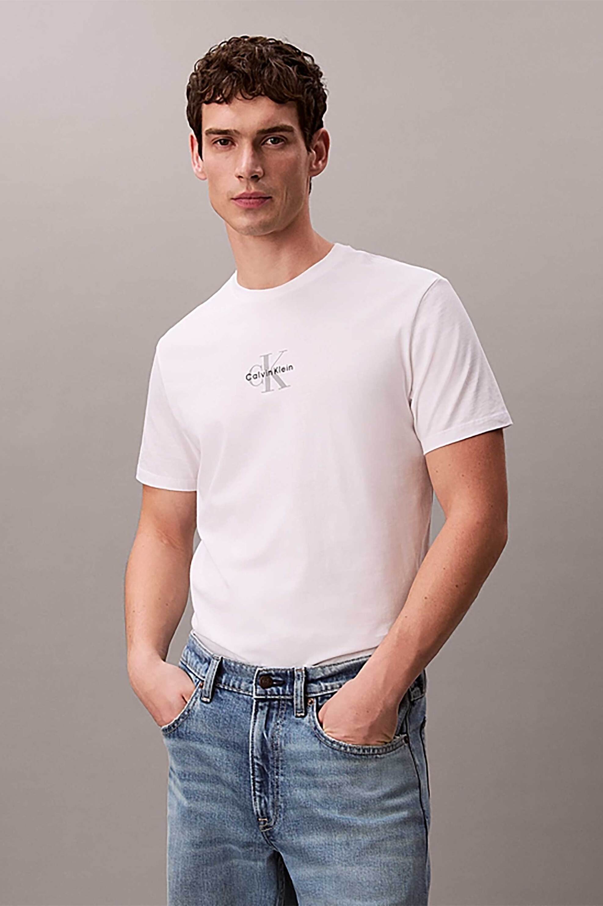 Calvin Klein Jeans ανδρικό T-shirt μονόχρωμο με λογότυπο Regular Fit - LV04RB866G Λευκό