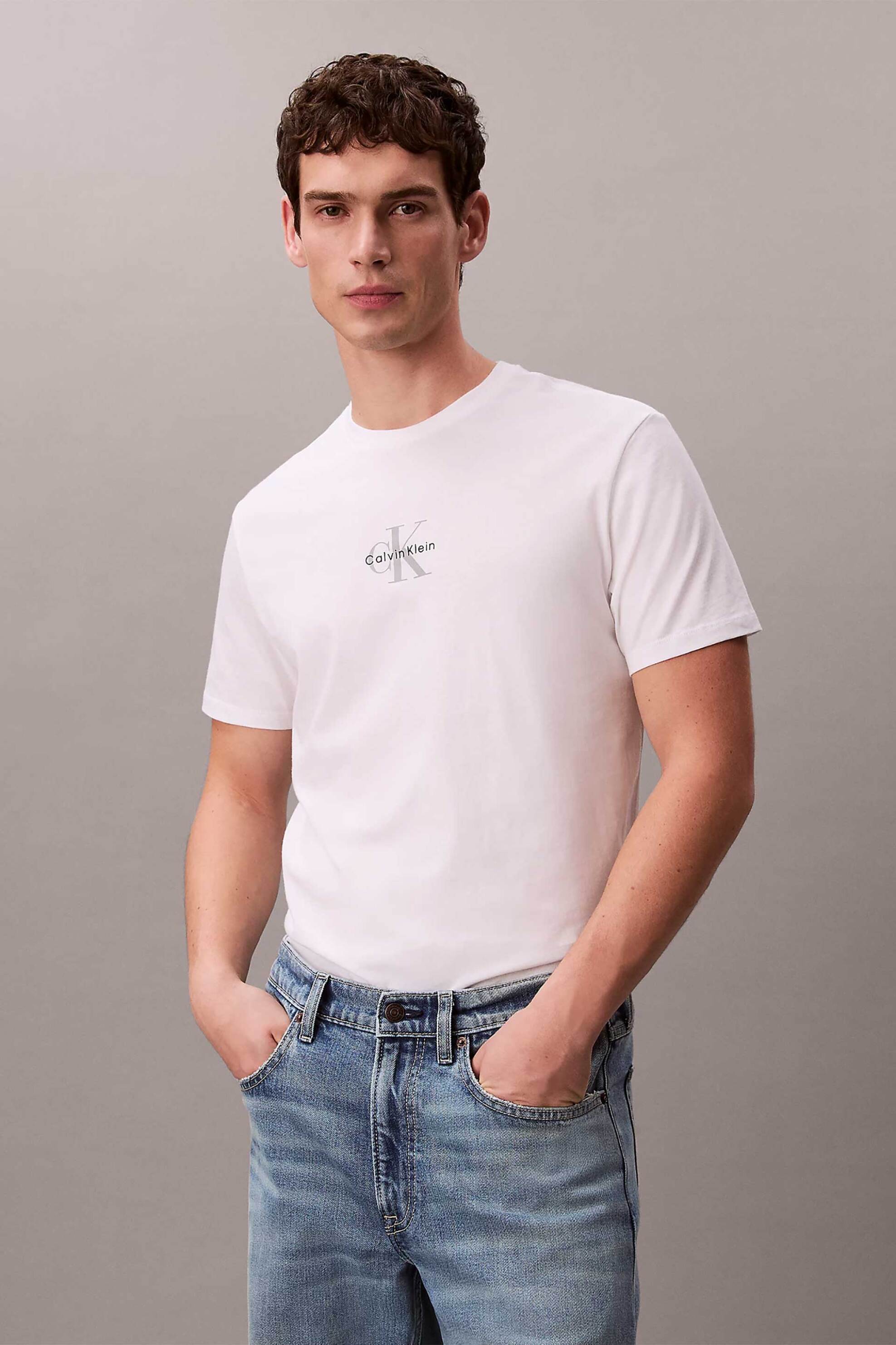Calvin Klein Jeans ανδρικό T-shirt μονόχρωμο με λογότυπο Regular Fit - LV04RB866G Λευκό
