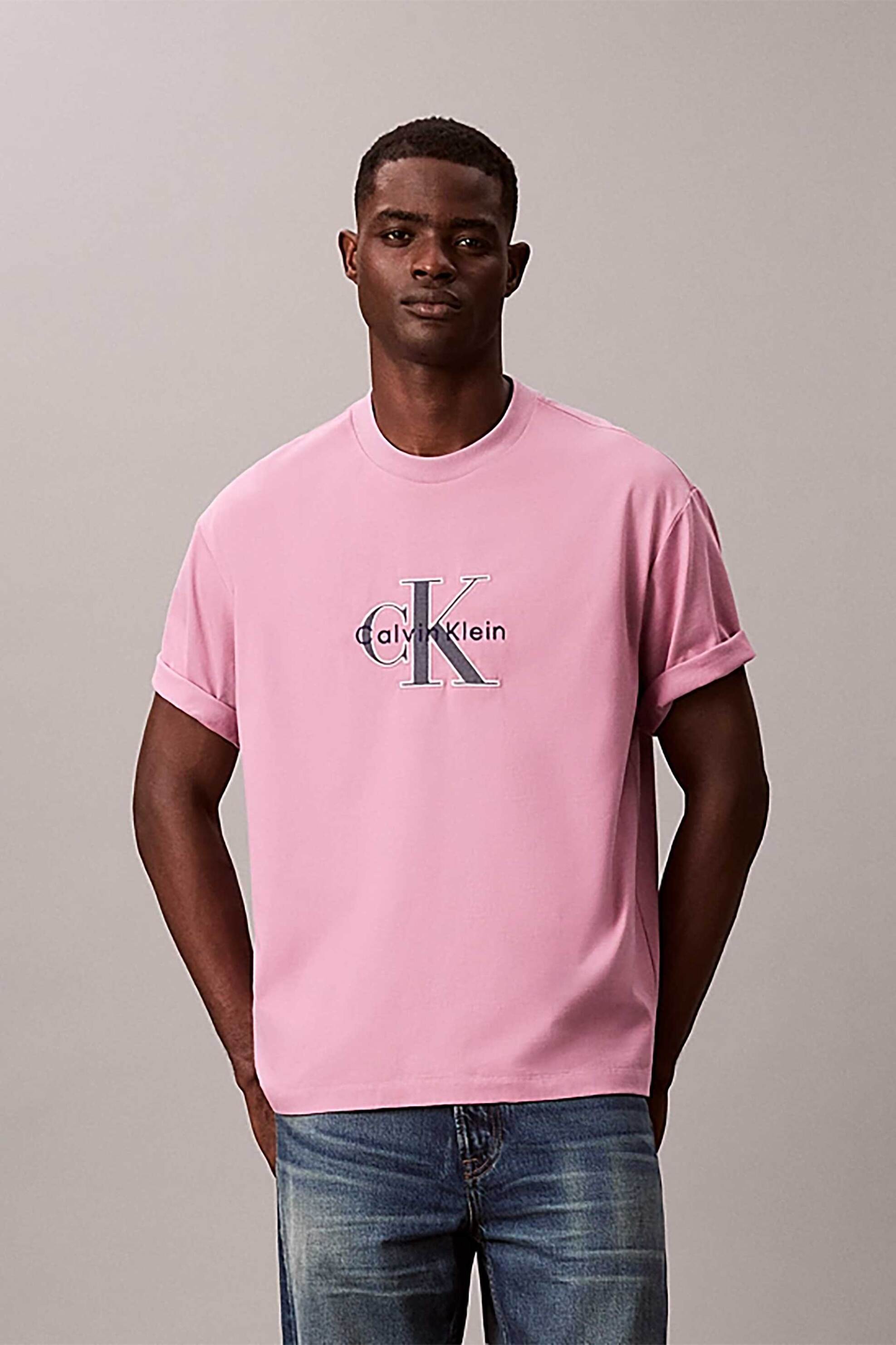 Calvin Klein Jeans ανδρικό T-shirt μονόχρωμο με λογότυπο Relaxed Fit - LV04RE815G Ροζ