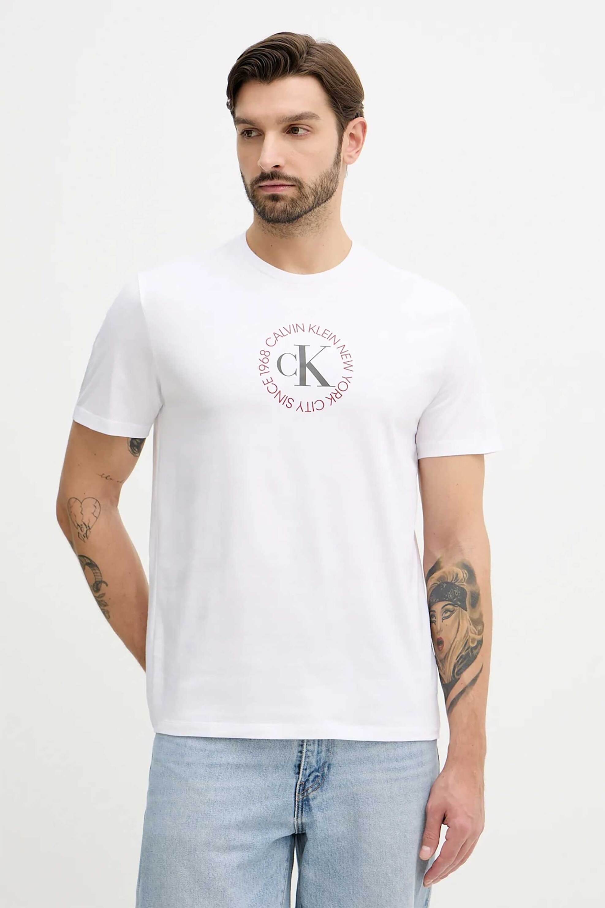 Calvin Klein Jeans ανδρικό T-shirt μονόχρωμο με λογότυπο Regular Fit - LV14RE816G Λευκό