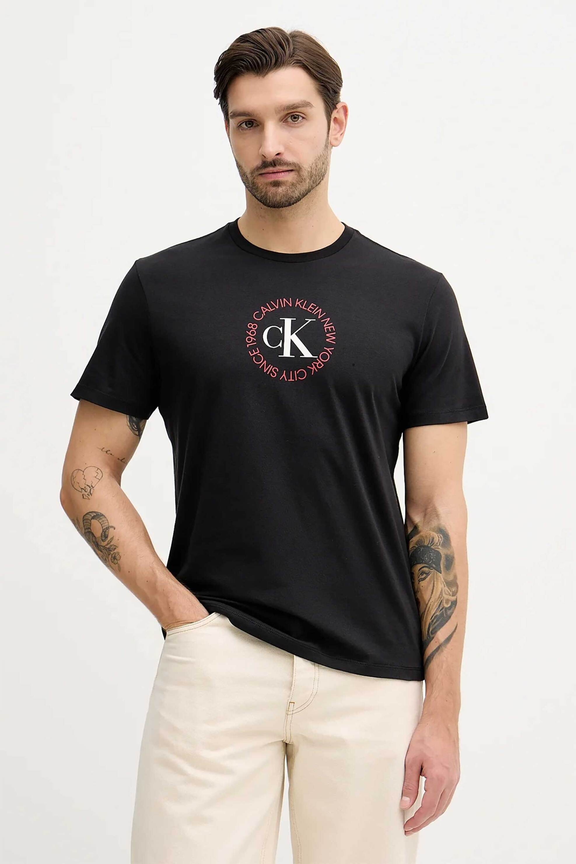 Calvin Klein Jeans ανδρικό T-shirt μονόχρωμο με λογότυπο Regular Fit - LV14RE816G Μαύρο
