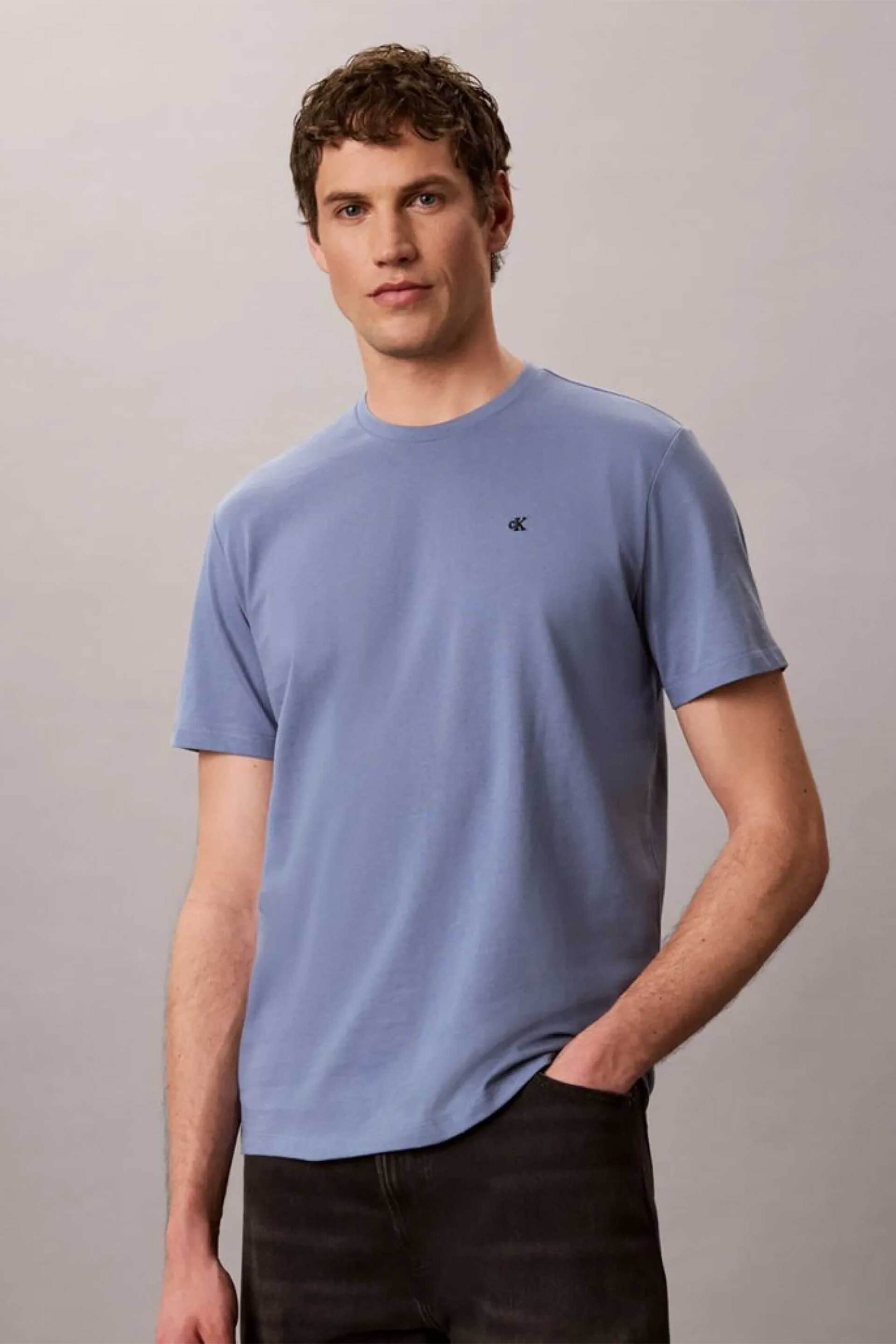 Calvin Klein Jeans ανδρικό T-shirt με κεντημένο monogram Regular Fit - LV14RD254G Μπλε Celestial