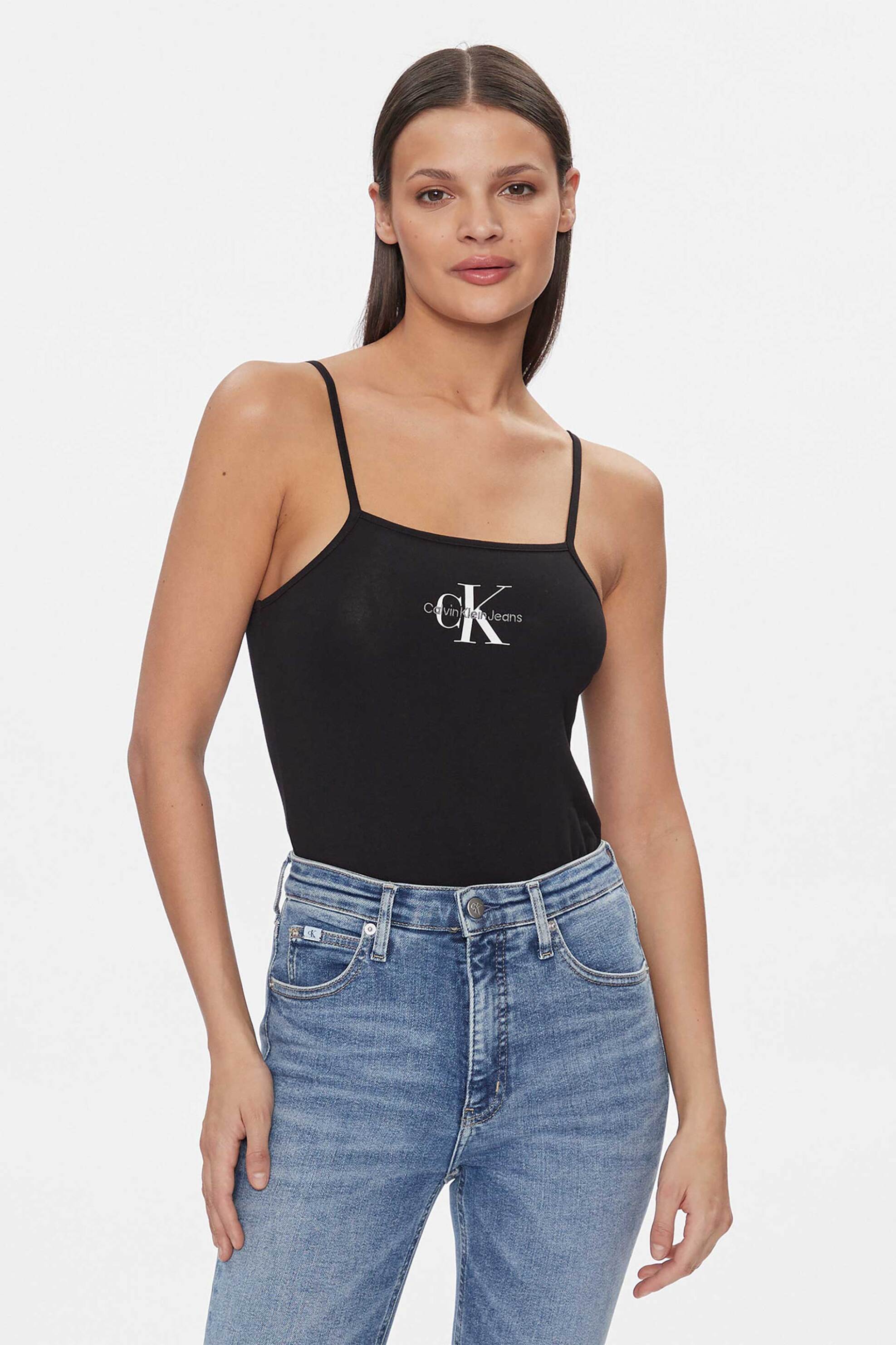 CALVIN KLEIN JEANS CK Jeans γυναικείο κορμάκι μονόχρωμο βαμβακερό με logo μπροστά - J20J223421 Μαύρο