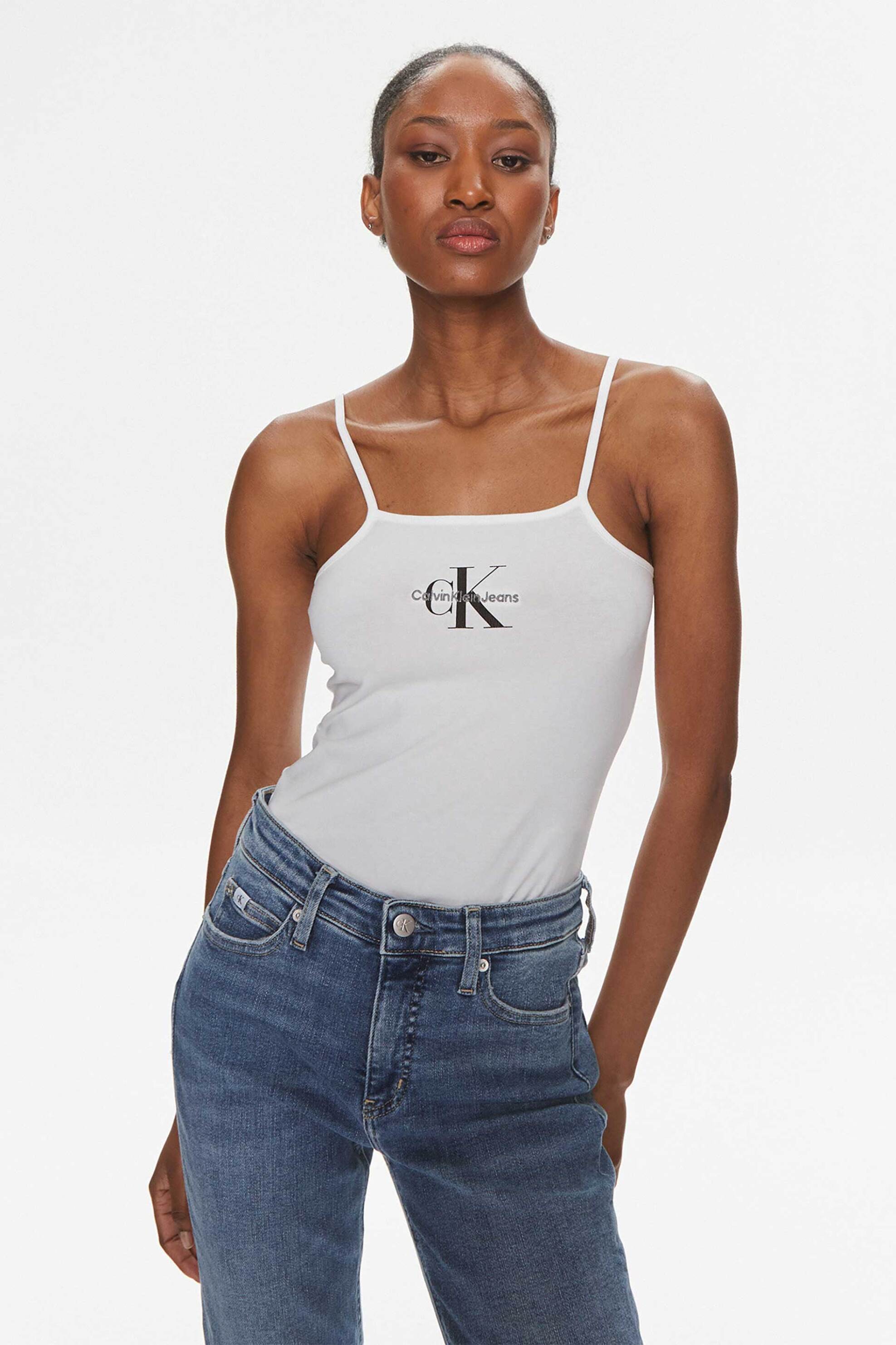 CALVIN KLEIN JEANS CK Jeans γυναικείο κορμάκι μονόχρωμο βαμβακερό με logo μπροστά - J20J223421 Λευκό