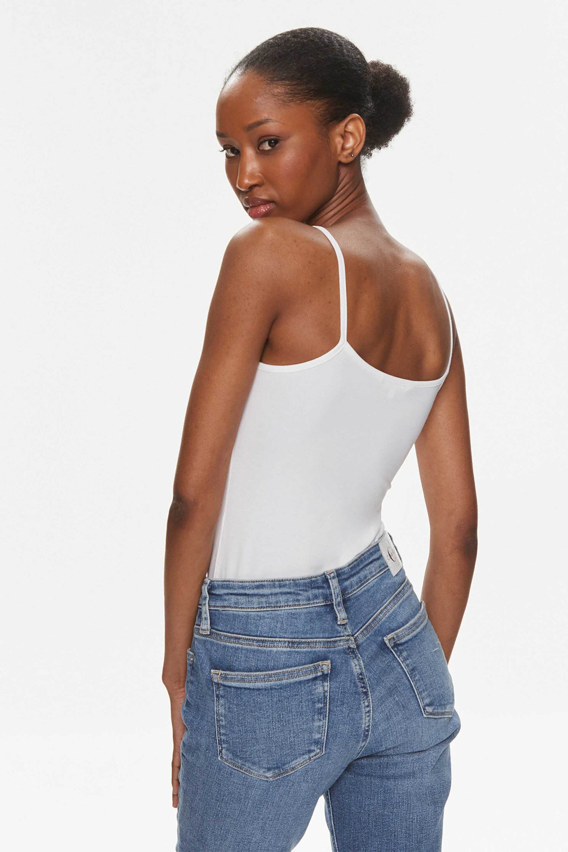 CK Jeans γυναικείο κορμάκι μονόχρωμο βαμβακερό με logo μπροστά - J20J223421 Λευκό φωτογραφία