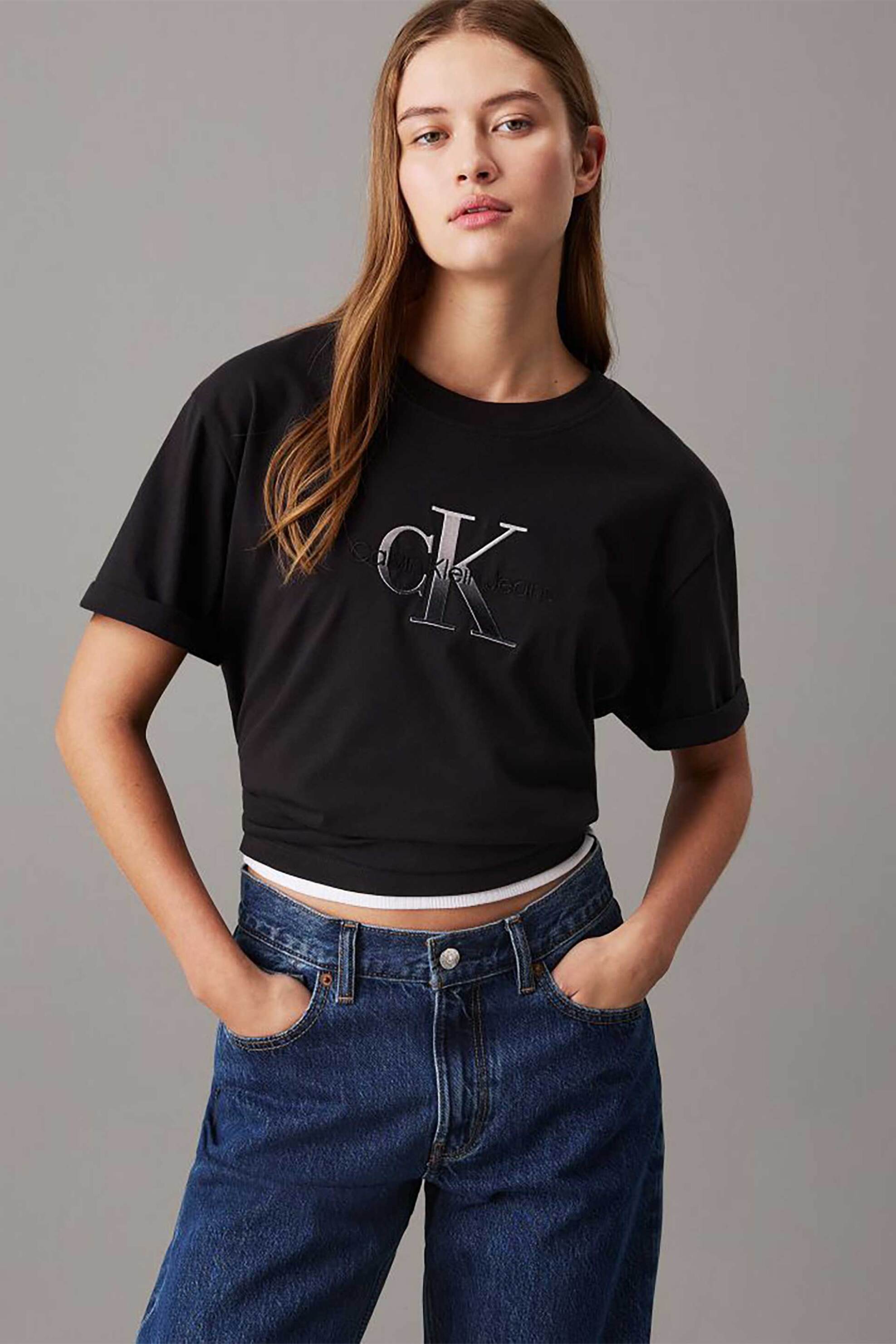  Calvin Klein Jeans γυναικείο T-shirt μονόχρωμο με λογότυπο Regular Fit - J20J224798 Μαύρο 2025
