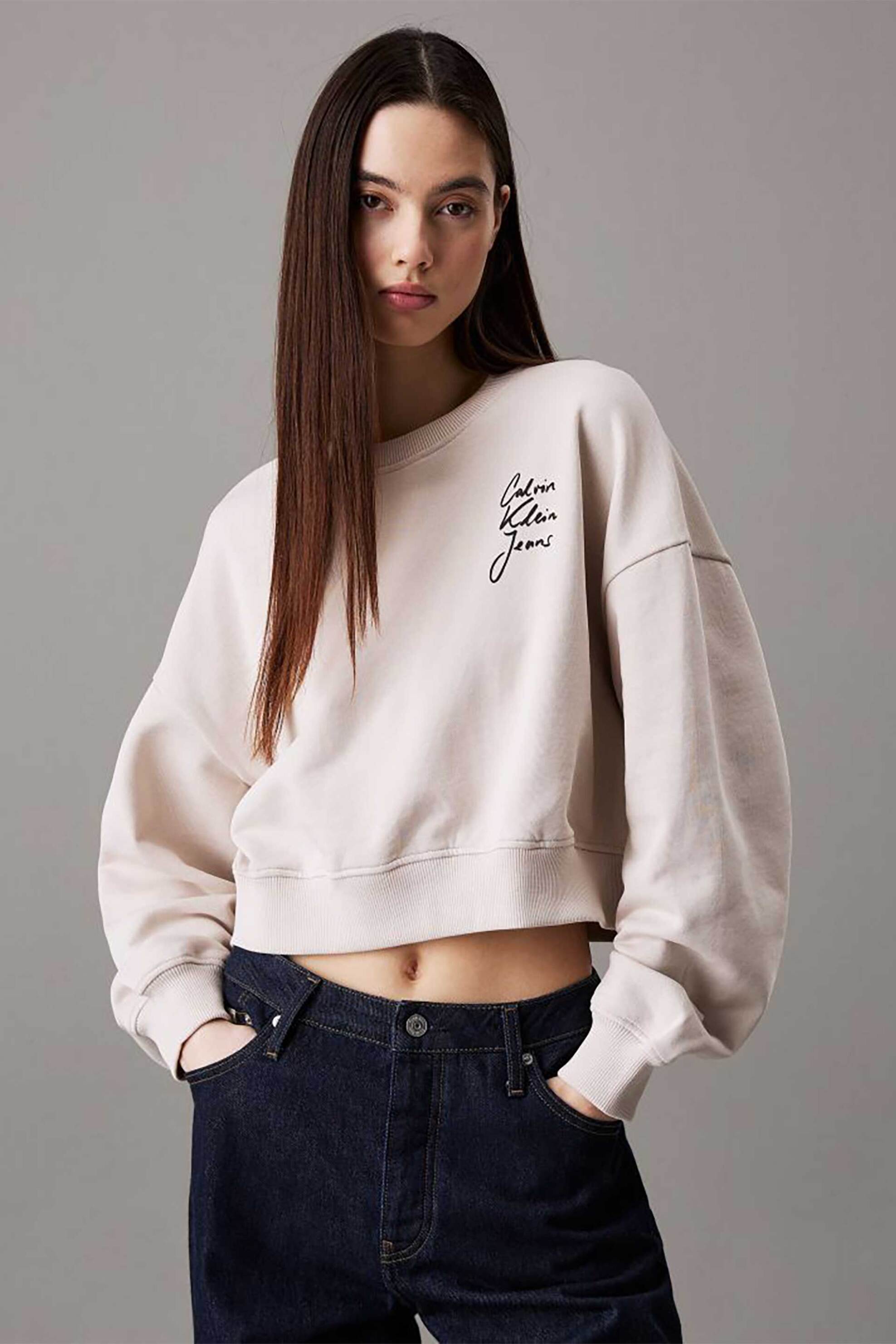  Calvin Klein Jeans γυναικεία μπλούζα φούτερ μονόχρωμη με λογότυπο Boxy Fit - J20J224743 Εκρού 2025