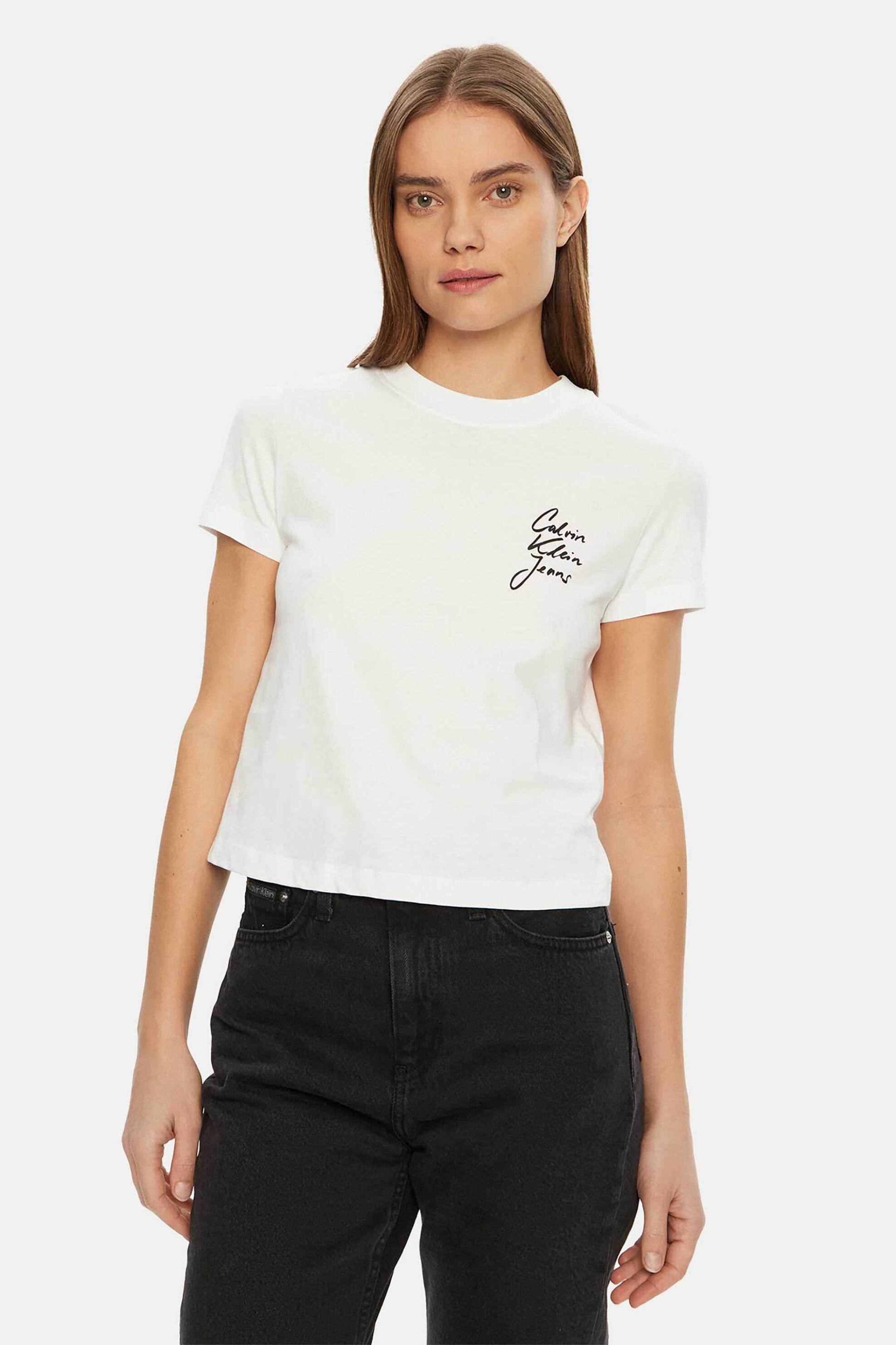 Calvin Klein Jeans γυναικείο T-shirt μονόχρωμο με λογότυπο Slim Fit - J20J224984 Λευκό