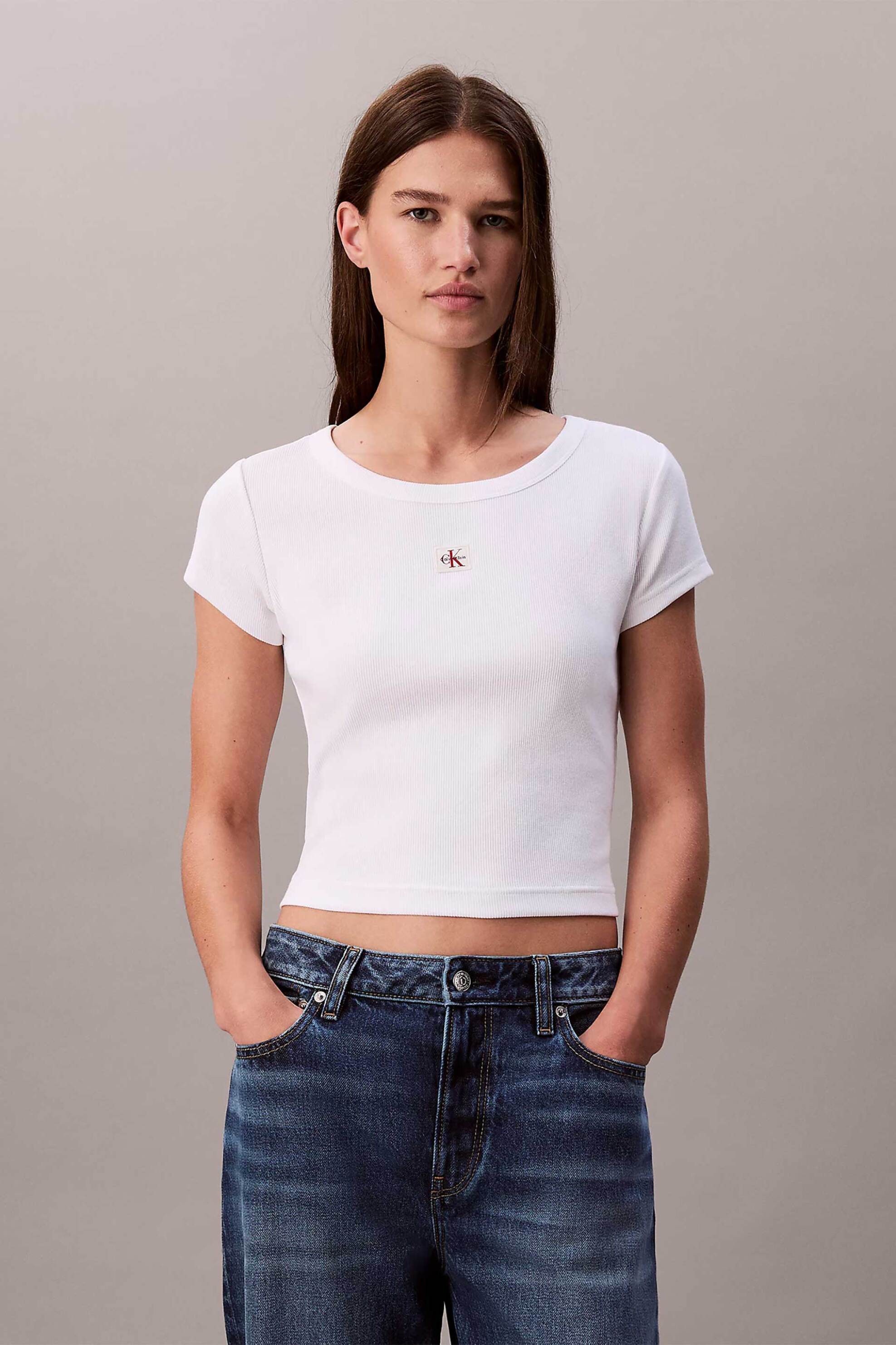 Calvin Klein Jeans γυναικείο T-shirt μονόχρωμο με λογότυπο Slim Fit - LV047C200G Λευκό