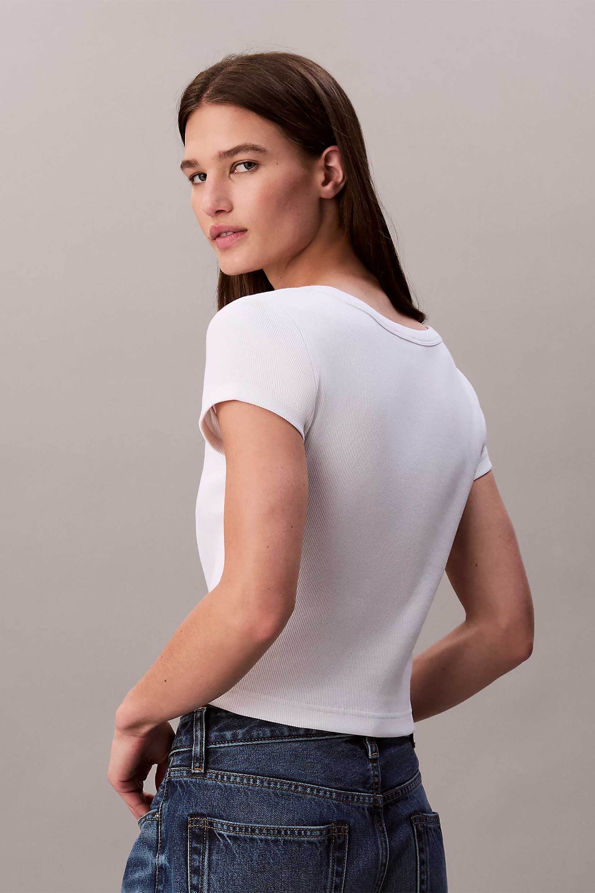 Calvin Klein Jeans Γυναικείο T-Shirt Μονόχρωμο με Λογότυπο Slim Fit - Lv047C200G Λευκό