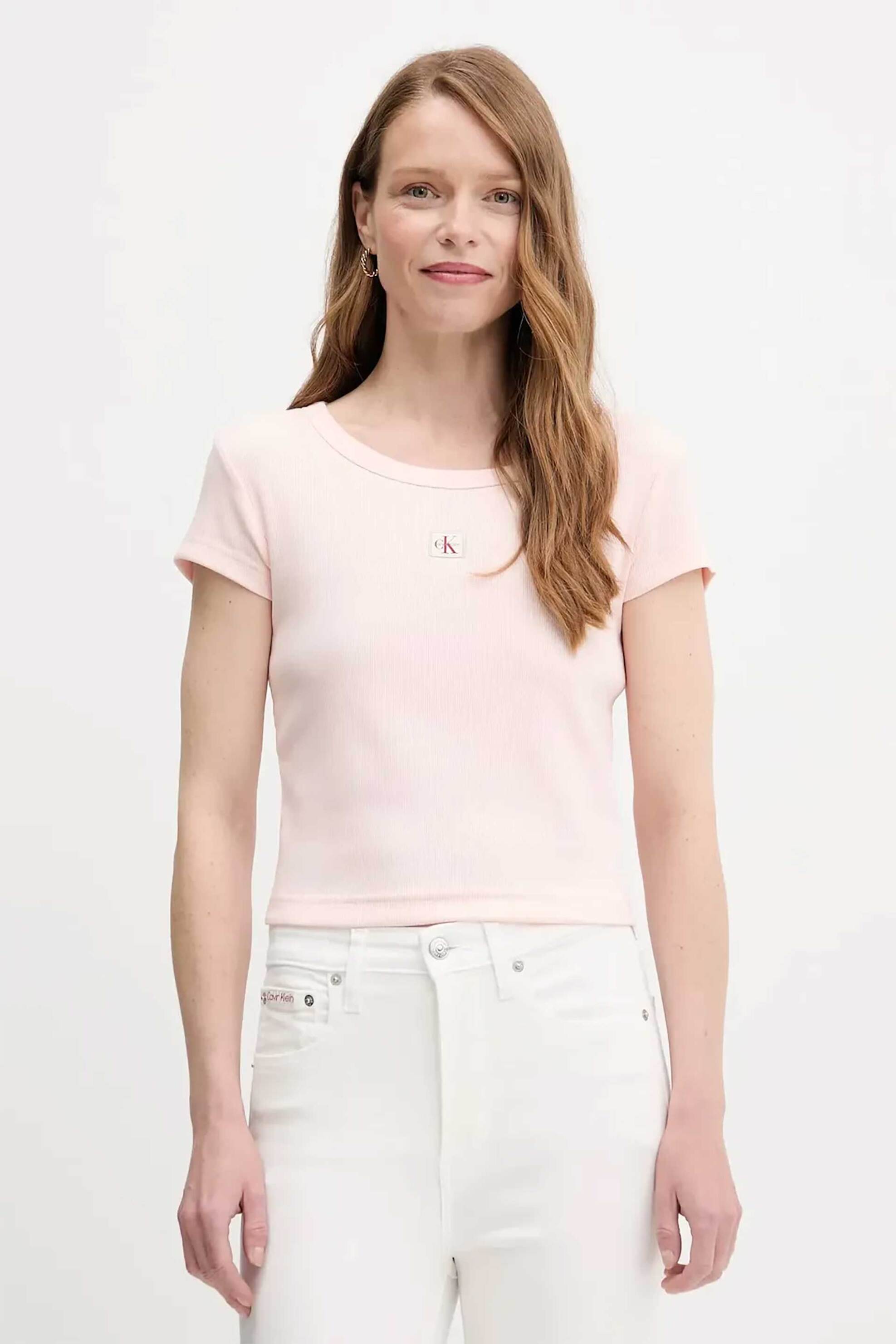 Calvin Klein Jeans γυναικείο T-shirt μονόχρωμο με λογότυπο Slim Fit - LV047C200G Ροζ