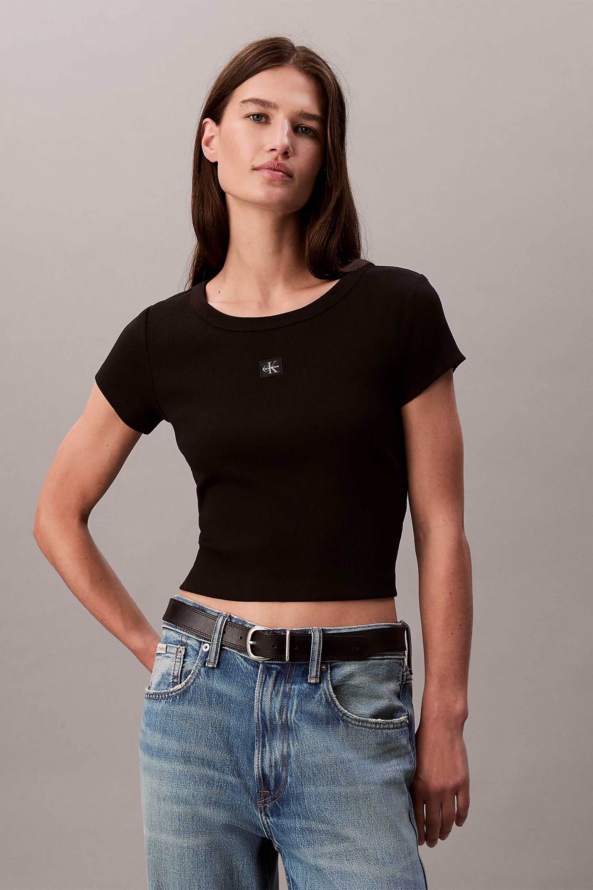 Calvin Klein Jeans γυναικείο T-shirt μονόχρωμο με λογότυπο Slim Fit - LV047C200G Μαύρο