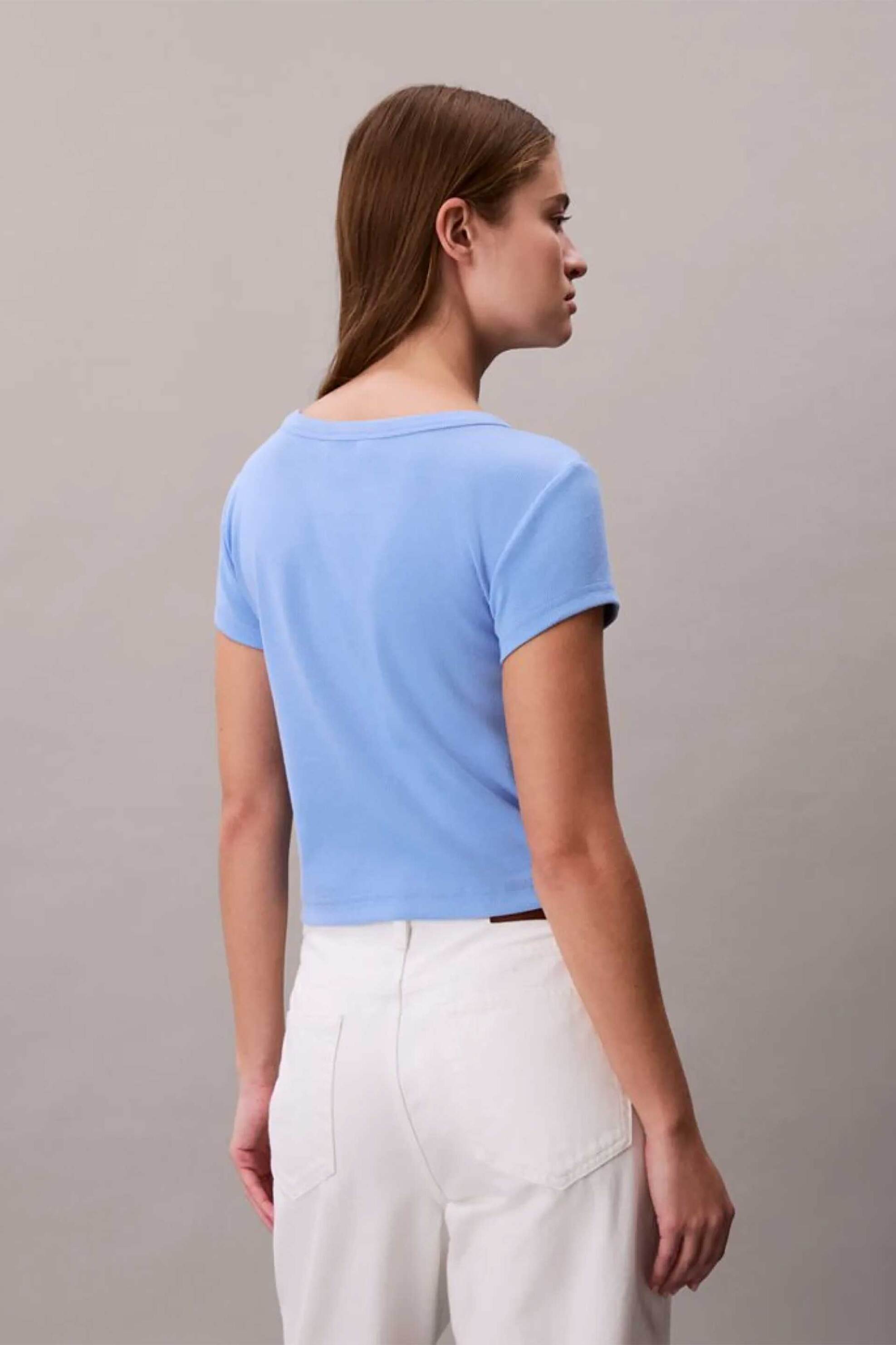 Calvin Klein Jeans Γυναικείο T-Shirt Μονόχρωμο με Λογότυπο Slim Fit - Lv047C200G Γαλάζιο