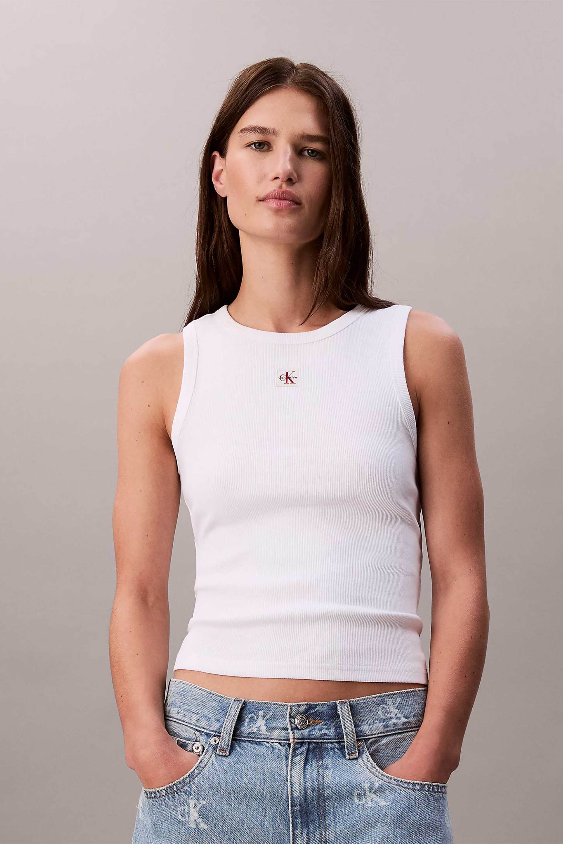 CALVIN KLEIN JEANS Calvin Klein Jeans γυναικείο τοπ αμάνικο ribbed - LV047C201G Λευκό