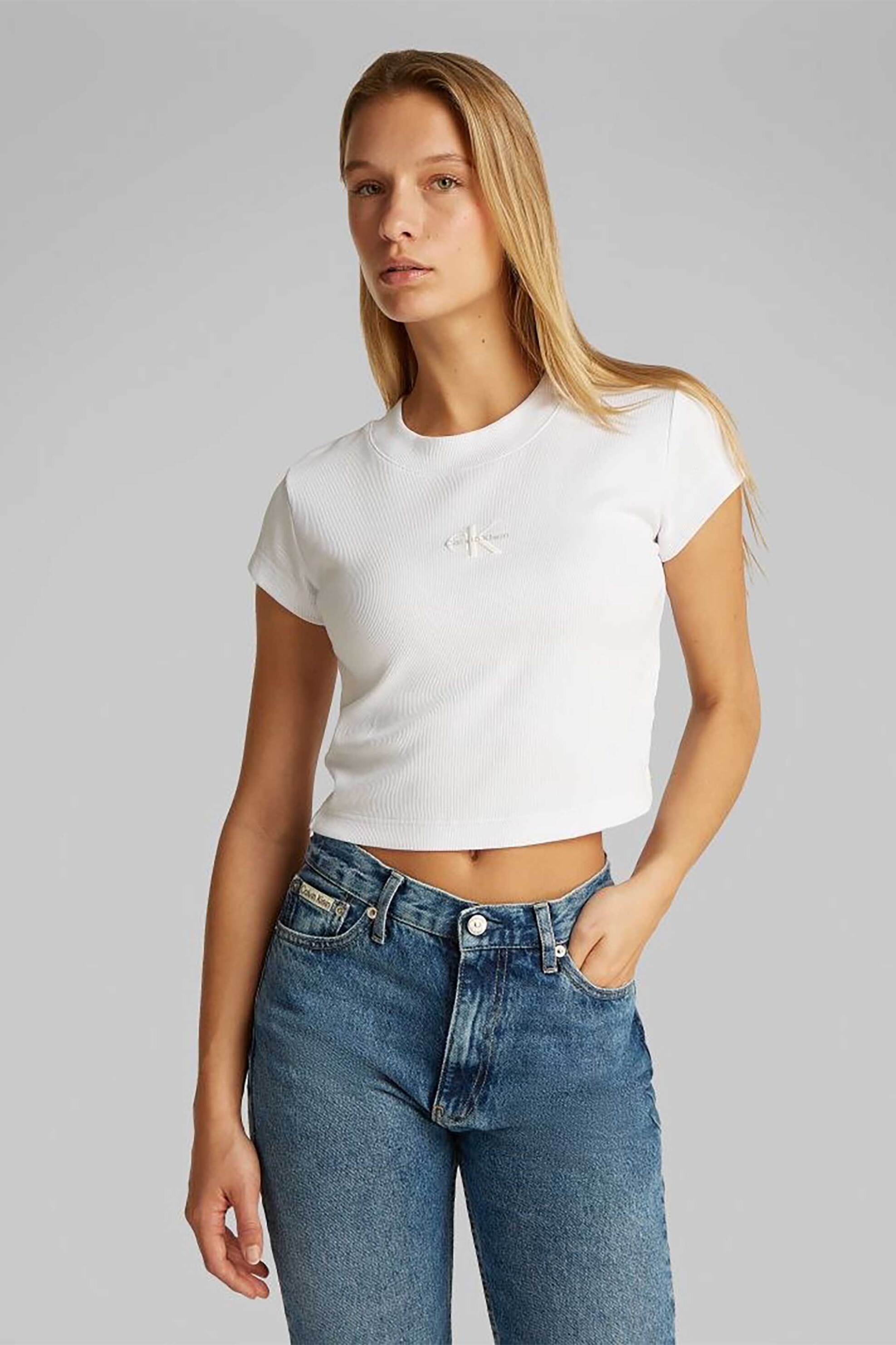 Calvin Klein Jeans γυναικείο T-shirt cropped με λογότυπο - LV047AB802 Λευκό