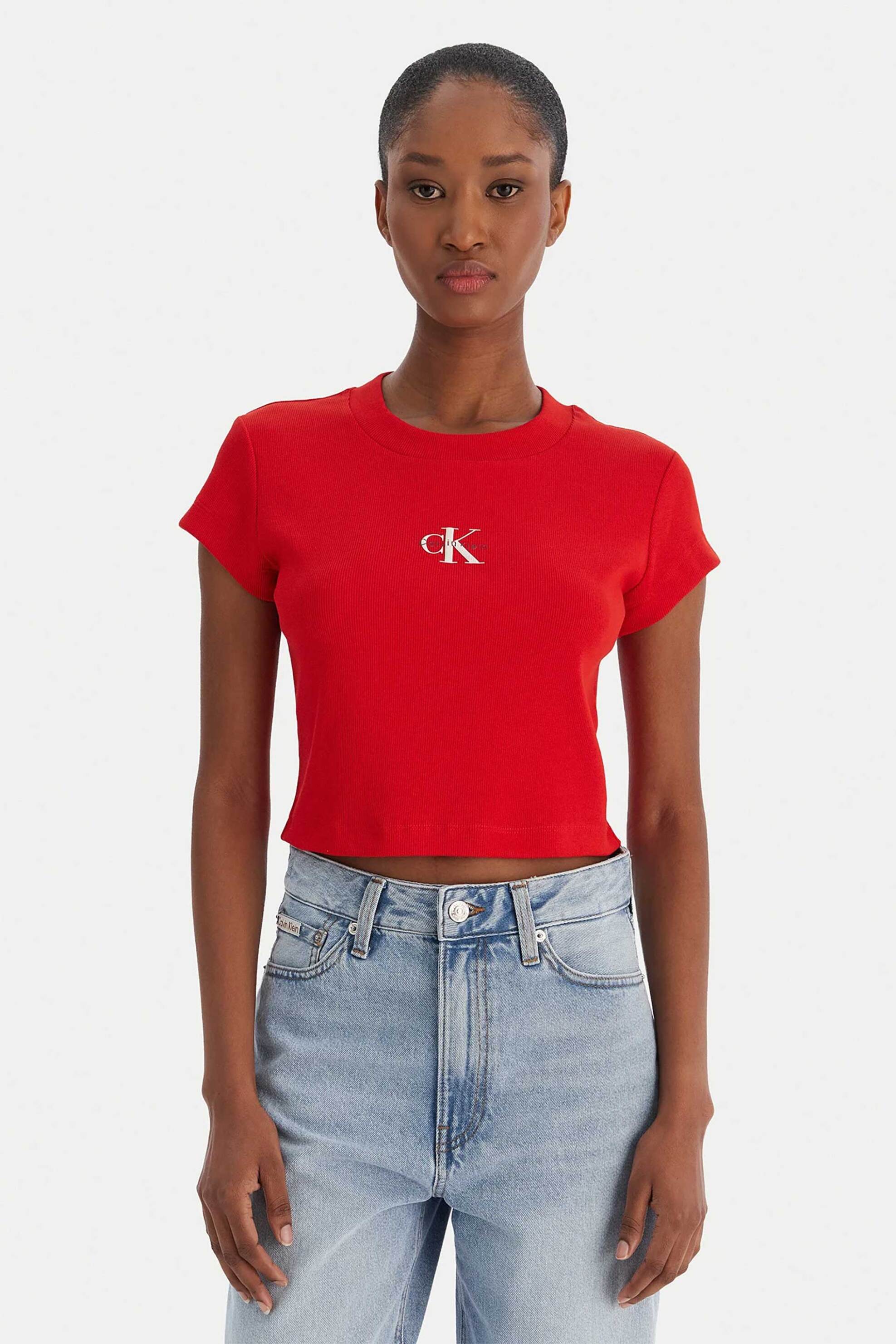 CALVIN KLEIN JEANS Calvin Klein Jeans γυναικείο T-shirt cropped με λογότυπο - LV047AB802 Κόκκινο