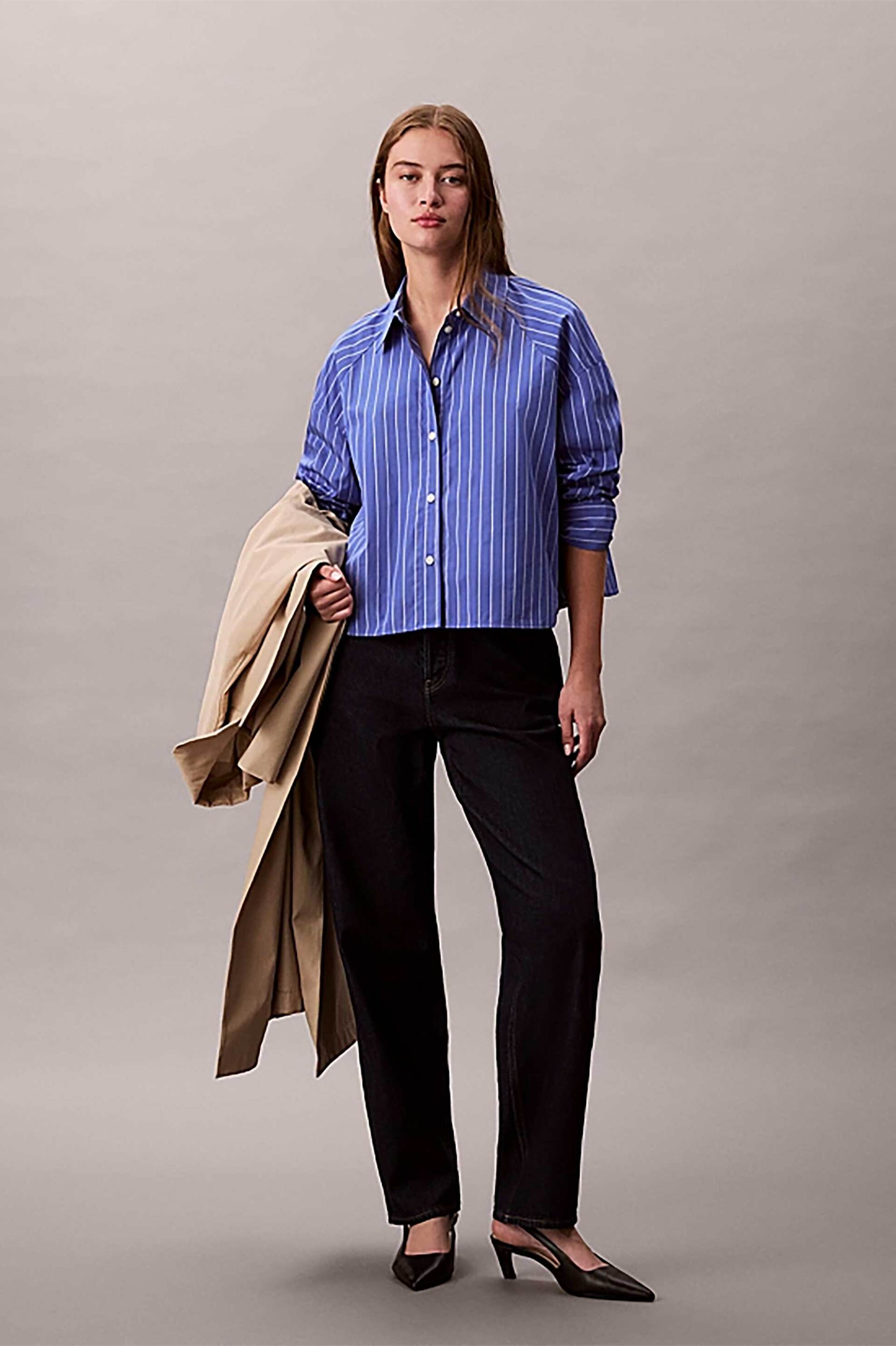 Calvin Klein Jeans γυναικείο πουκάμισο ριγέ cropped Boxy Fit - LV047C118G Γαλάζιο