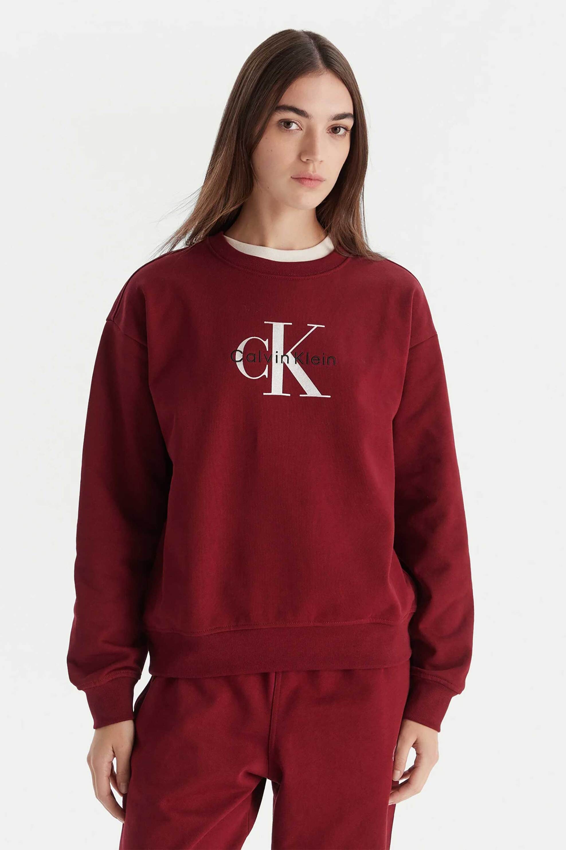 Calvin Klein Jeans γυναικεία μπλούζα φούτερ μονόχρωμη με λογότυπο Relaxed Fit - LV047B234G Μπορντό