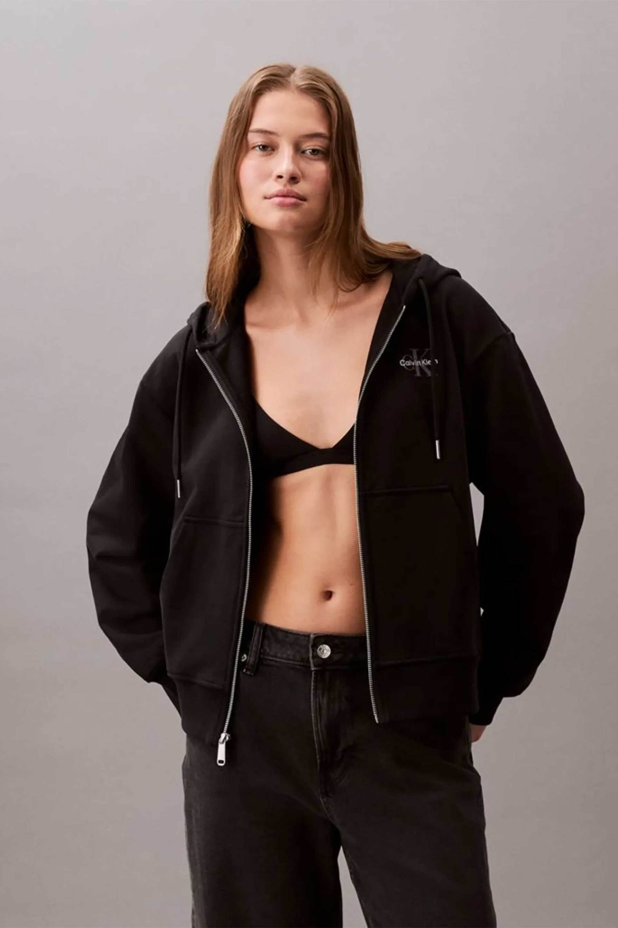Calvin Klein Jeans γυναικεία ζακέτα φούτερ με κουκούλα και monogram Regular Fit - LV047B270G Μαύρο