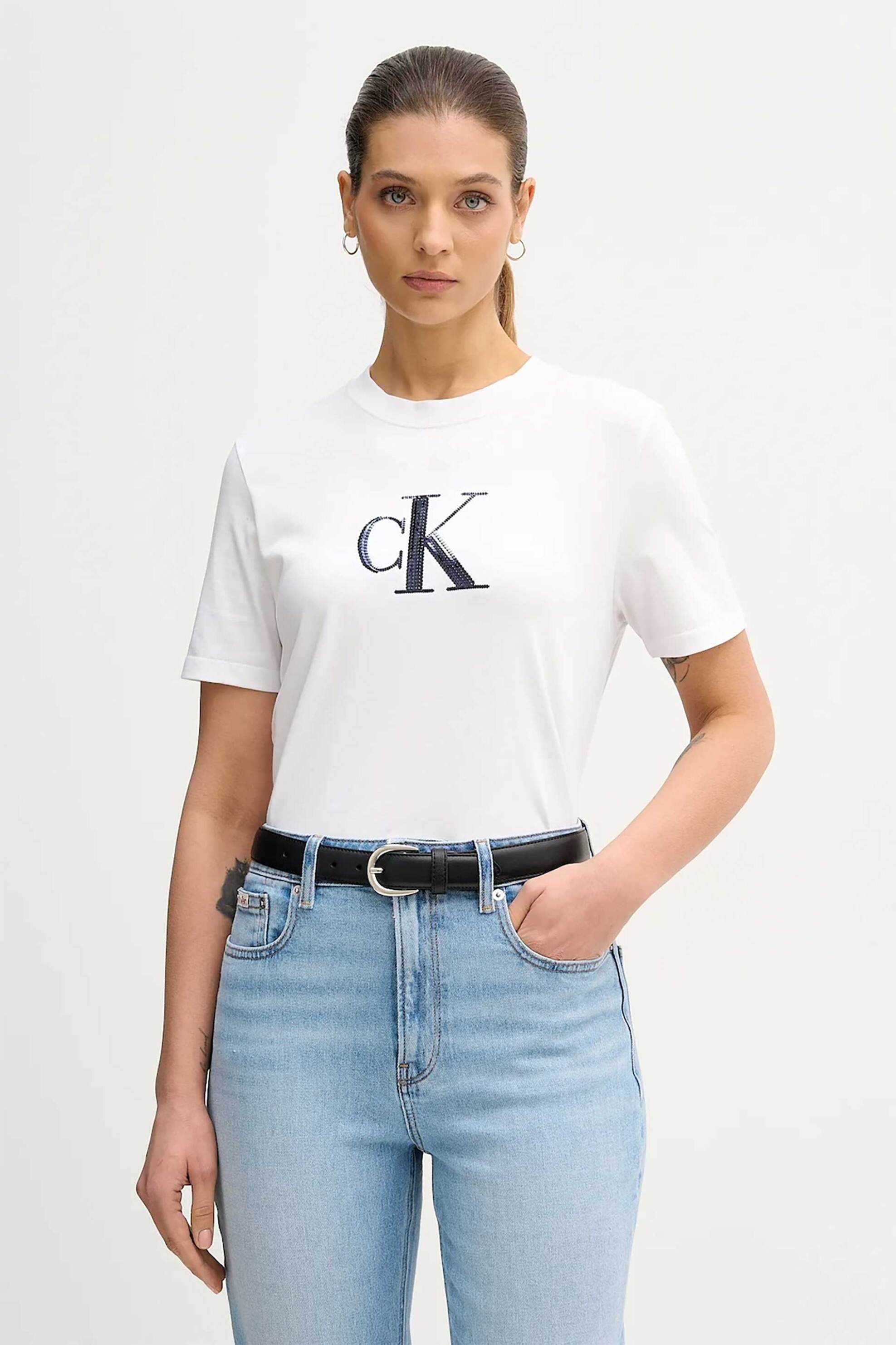 CALVIN KLEIN JEANS Calvin Klein Jeans γυναικείο T-shirt μονόχρωμο με λογότυπο στο στήθος - LV044E215G Λευκό