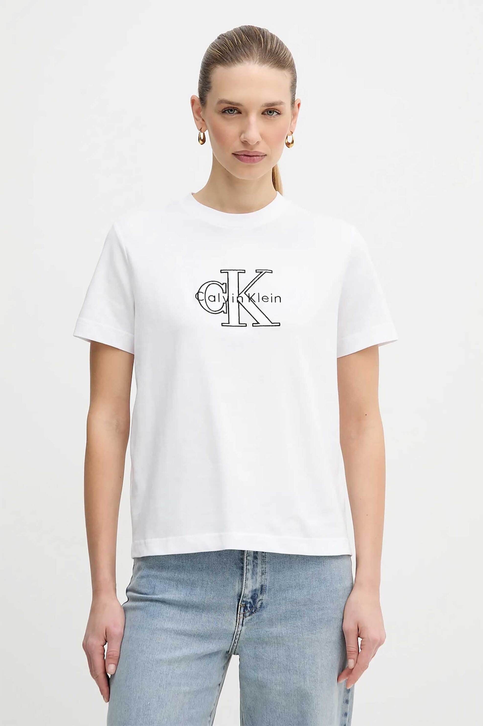 Calvin Klein Jeans γυναικείο T-shirt μονόχρωμο με λογότυπο Regular Fit - LV047E819G Λευκό