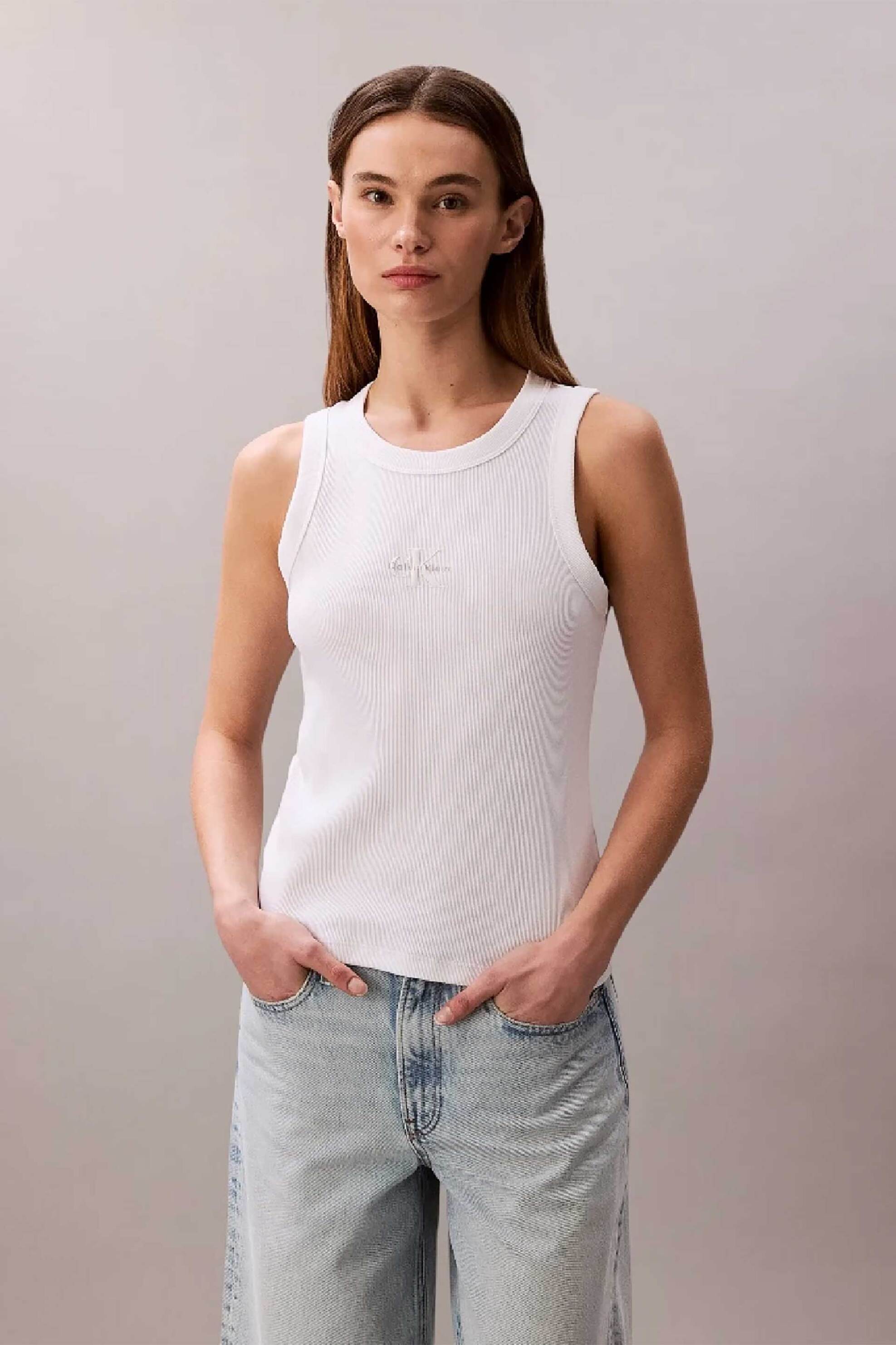 Calvin Klein Jeans γυναικείο τοπ αμάνικο ribbed - LV047E200G Λευκό