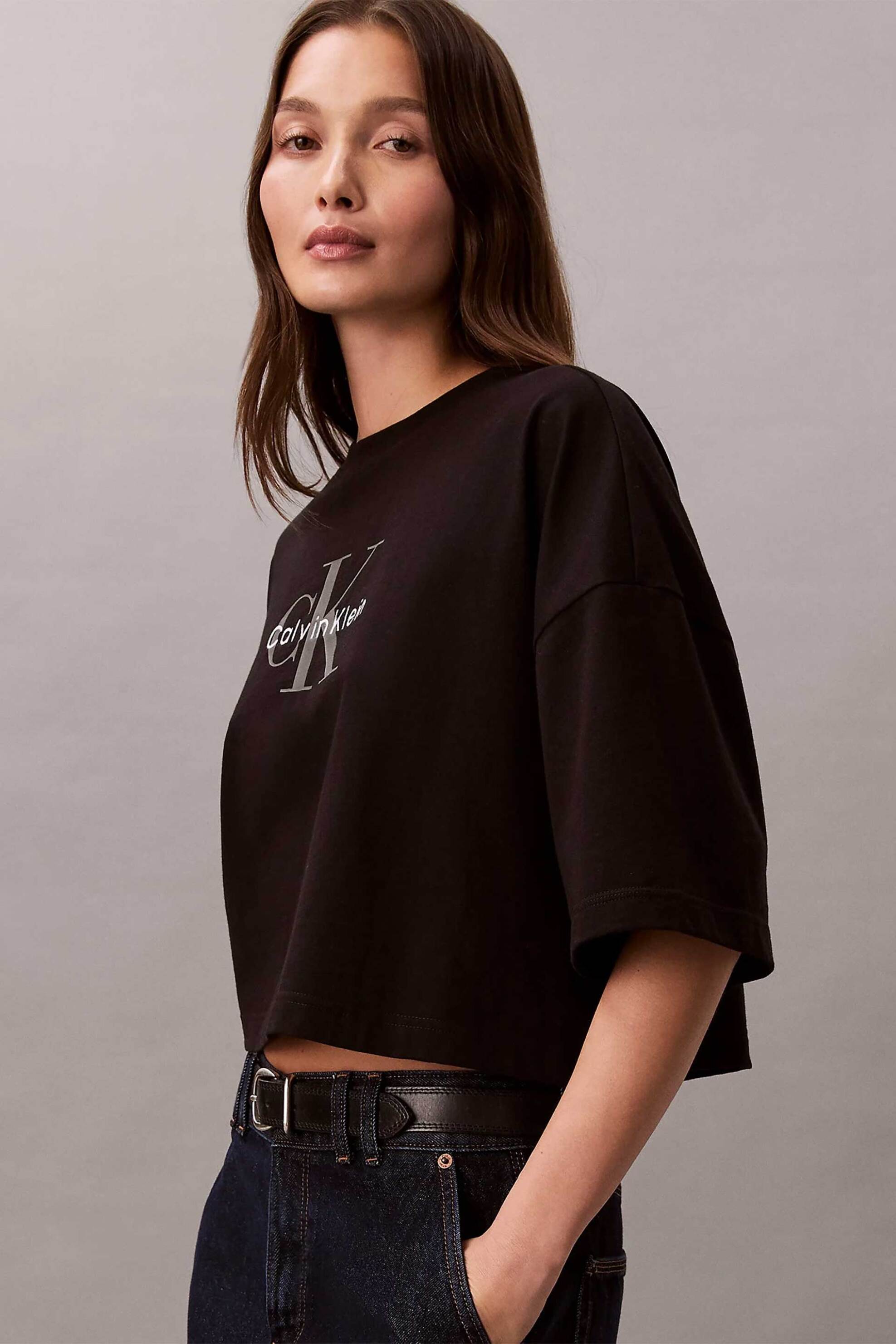 CALVIN KLEIN JEANS Calvin Klein Jeans γυναικείο T-shirt μονόχρωμο με λογότυπο Boxy Cropped Fit - LV047F828G Μαύρο - 2