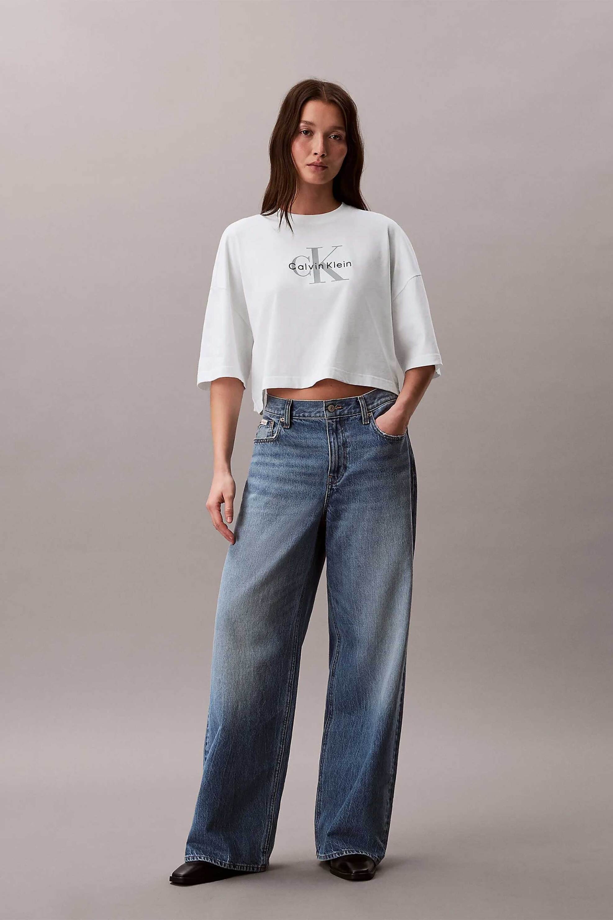 CALVIN KLEIN JEANS Calvin Klein Jeans γυναικείο T-shirt μονόχρωμο με λογότυπο Boxy Cropped Fit - LV047F828G Λευκό - 3