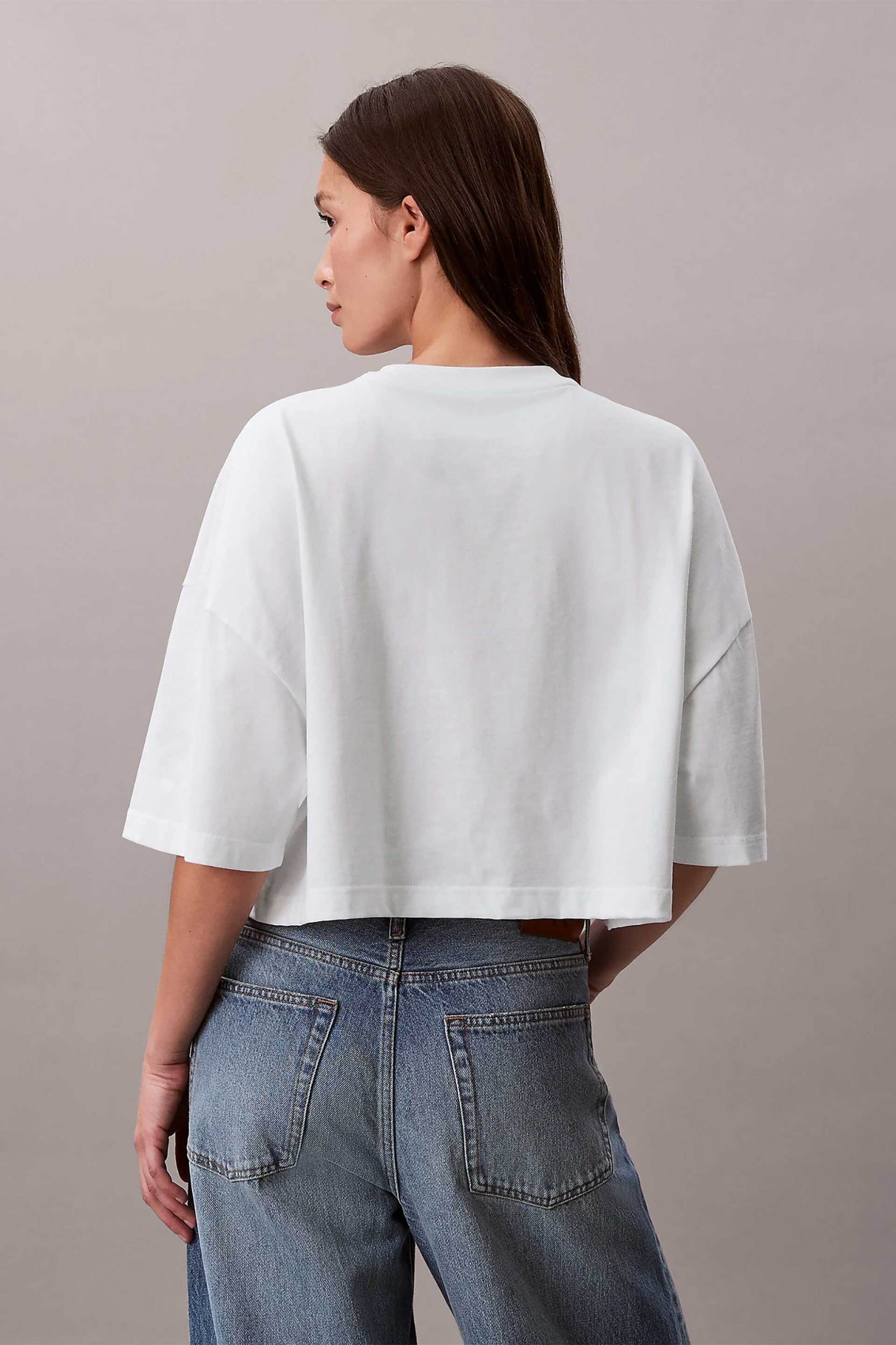Calvin Klein Jeans Γυναικείο T-Shirt Μονόχρωμο με Λογότυπο Boxy Cropped Fit - Lv047F828G Λευκό
