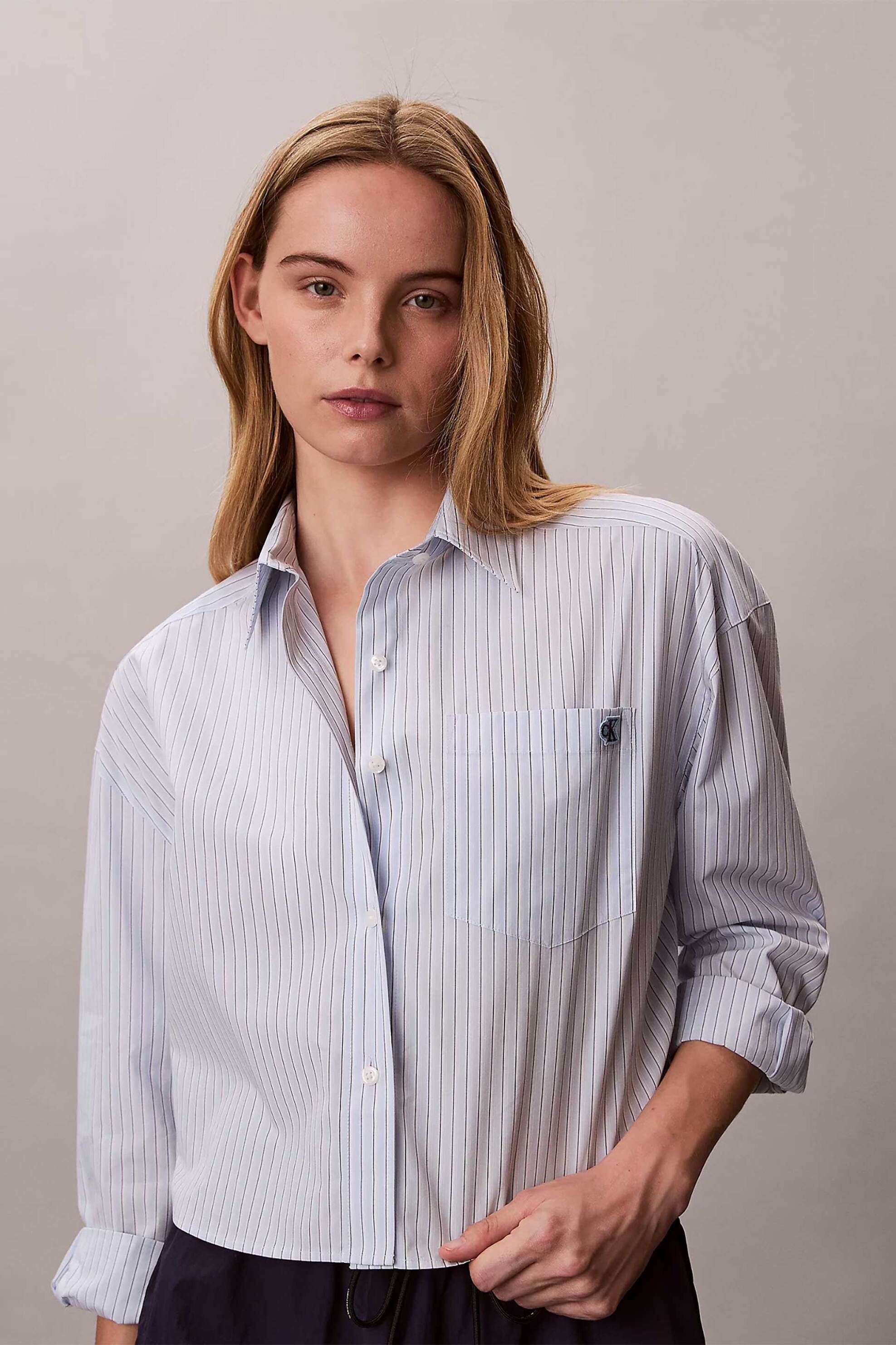 Calvin Klein Jeans γυναικείο πουκάμισο ριγέ cropped Boxy Fit - LV047F105G Γαλάζιο