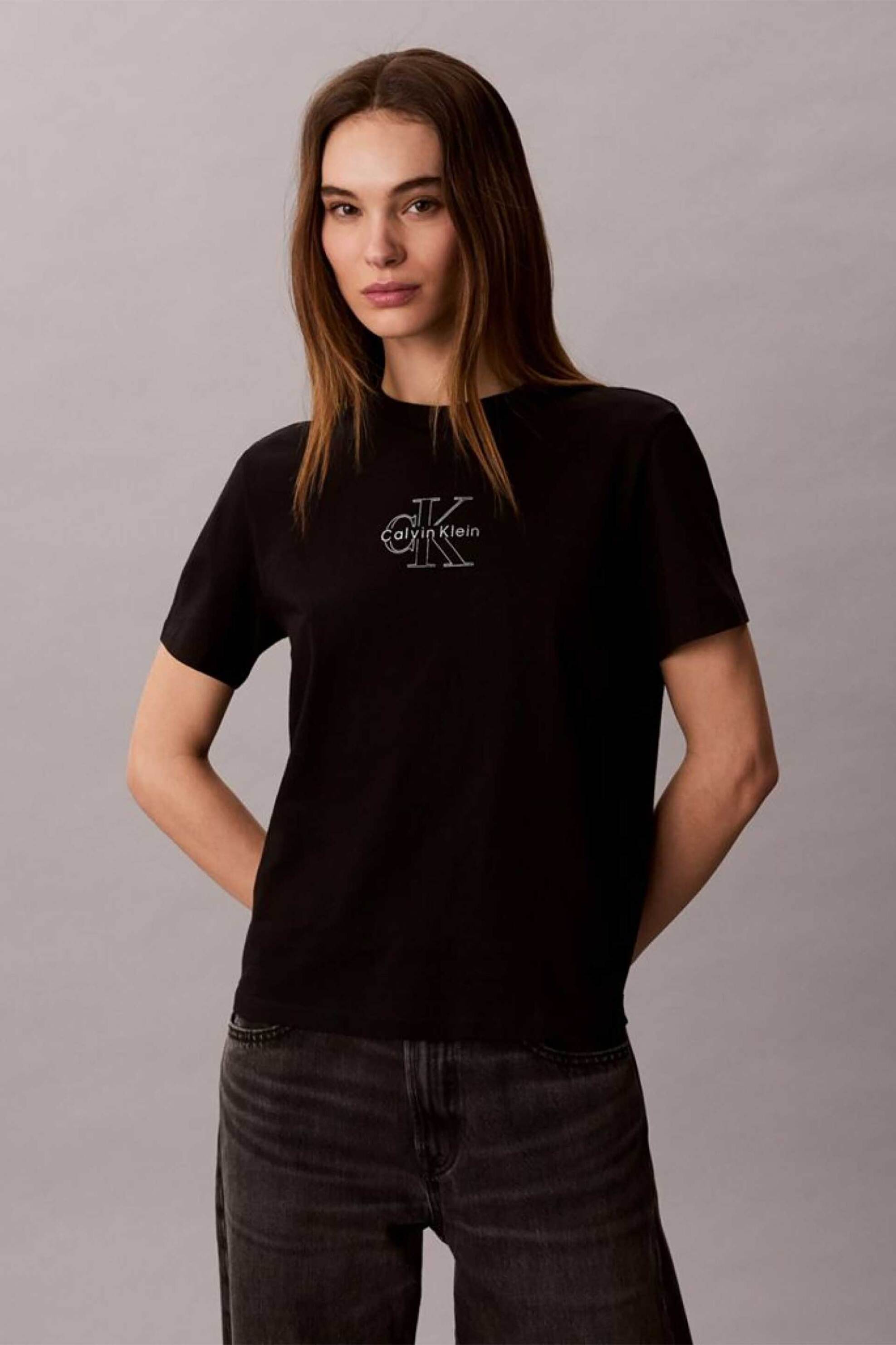 Calvin Klein Jeans γυναικείο T-shirt με μεταλλιζέ λογότυπο Regular Fit - LV047D873GA Μαύρο