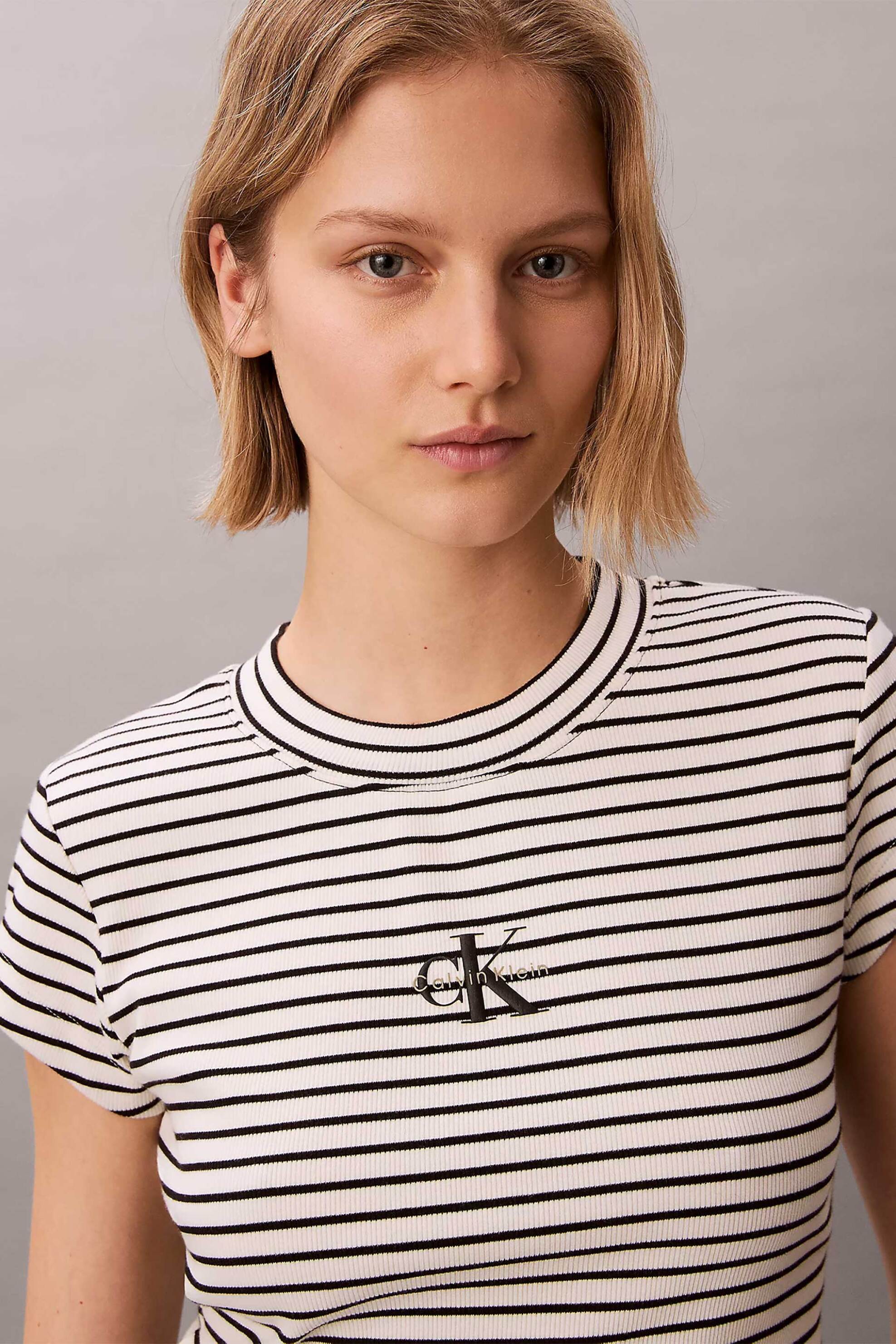 Calvin Klein Jeans γυναικείο T-shirt με ριγέ σχέδιο και λογότυπο Slim Fit - LV047F833G Ασπρόμαυρο