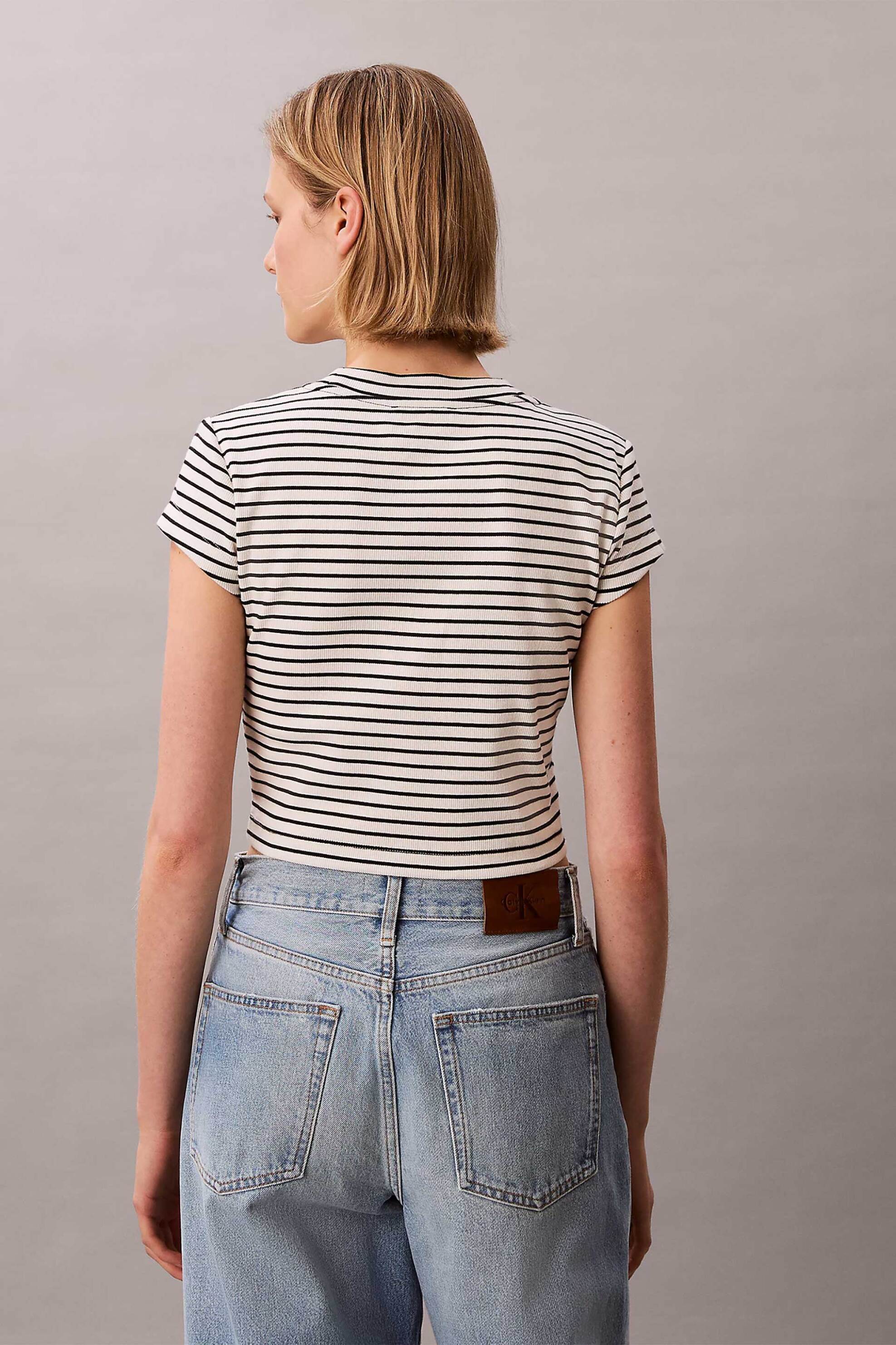 Calvin Klein Jeans Γυναικείο T-Shirt με Ριγέ Σχέδιο Και Λογότυπο Slim Fit - Lv047F833G Ασπρόμαυρο