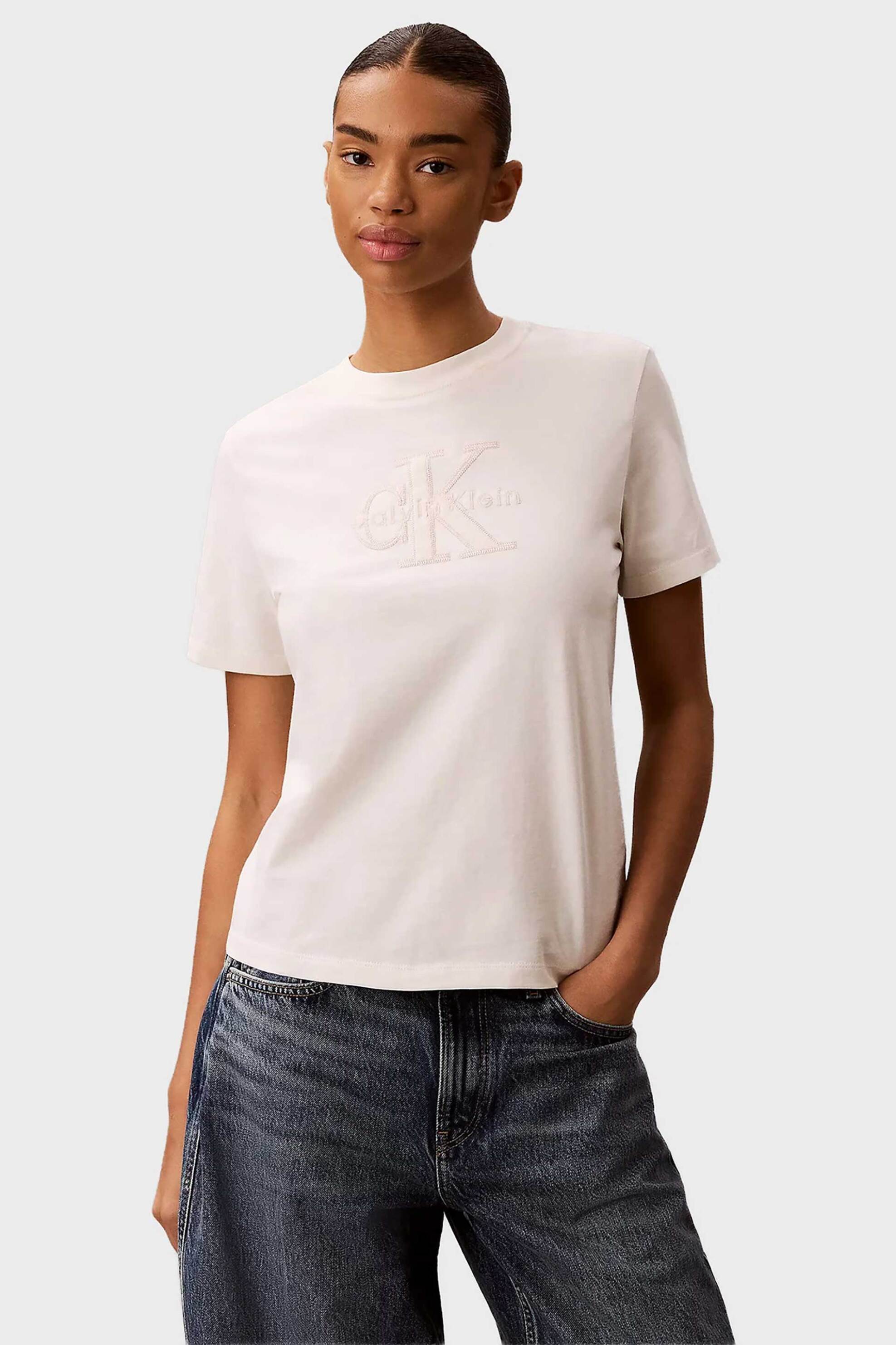 Calvin Klein Jeans γυναικείο T-shirt με κεντημένο λογότυπο Regular Fit - LV047G829G Εκρού