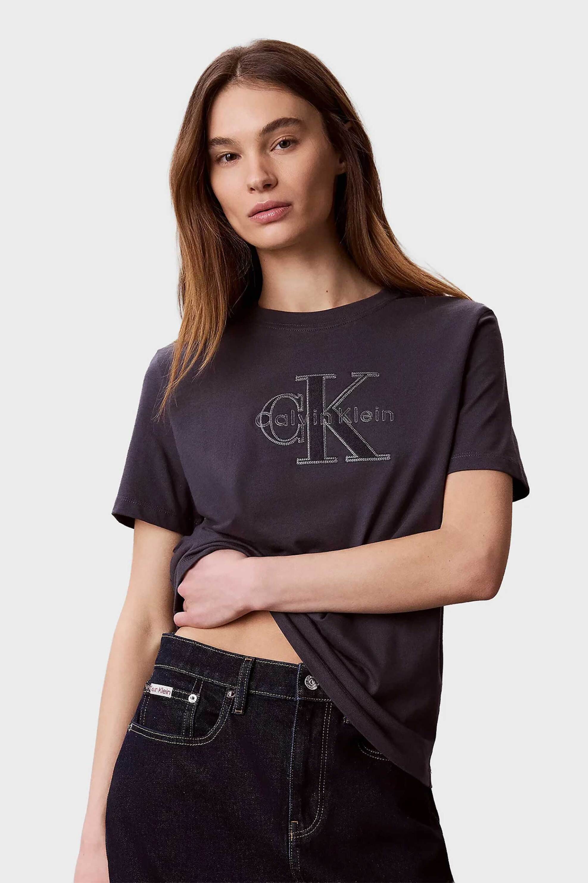 Calvin Klein Jeans γυναικείο T-shirt με κεντημένο λογότυπο Regular Fit - LV047G829G Ανθρακί