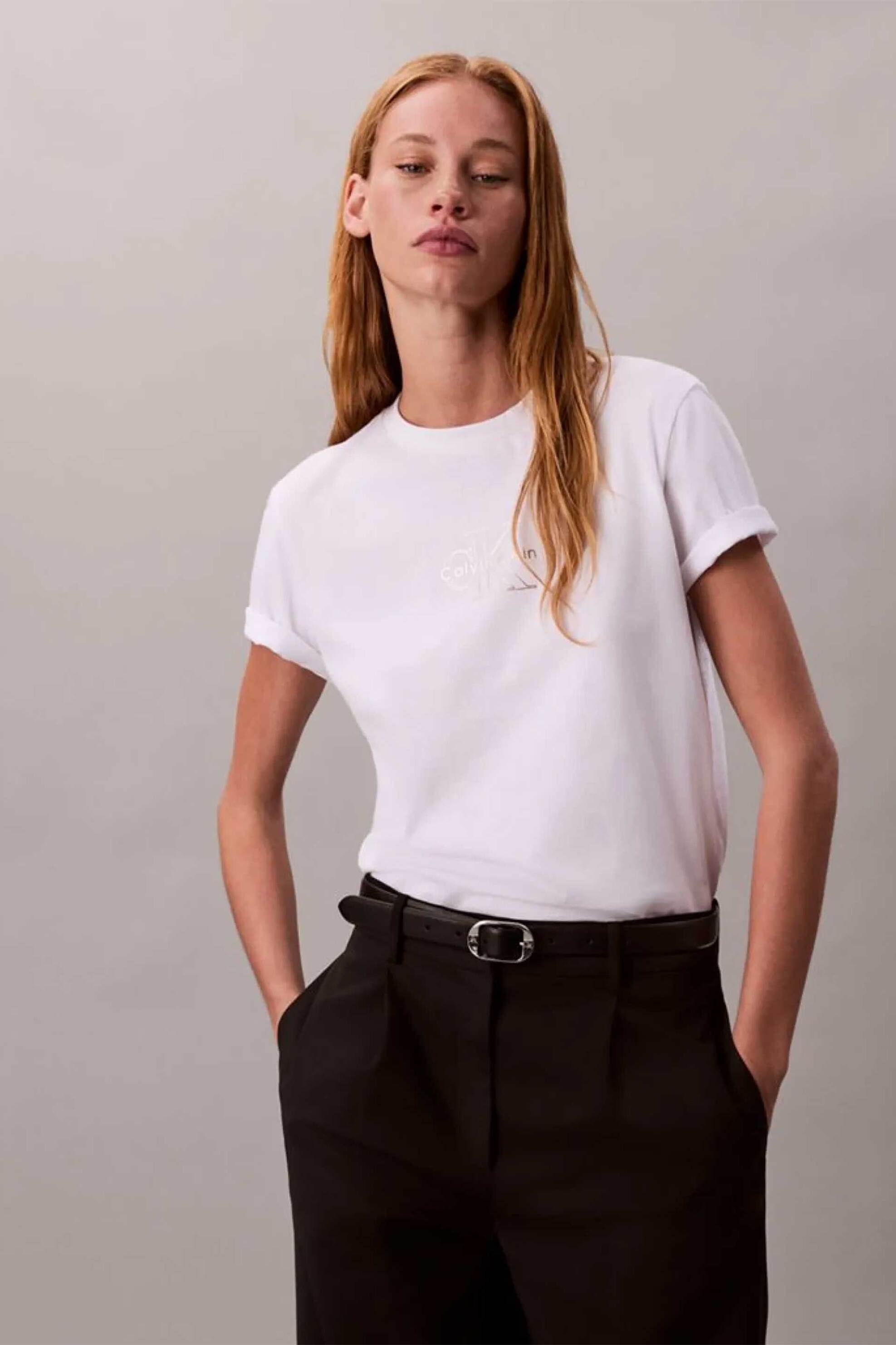 Calvin Klein Jeans γυναικείο T-shirt με μεταλλιζέ λογότυπο Regular Fit - LV047D873G Λευκό