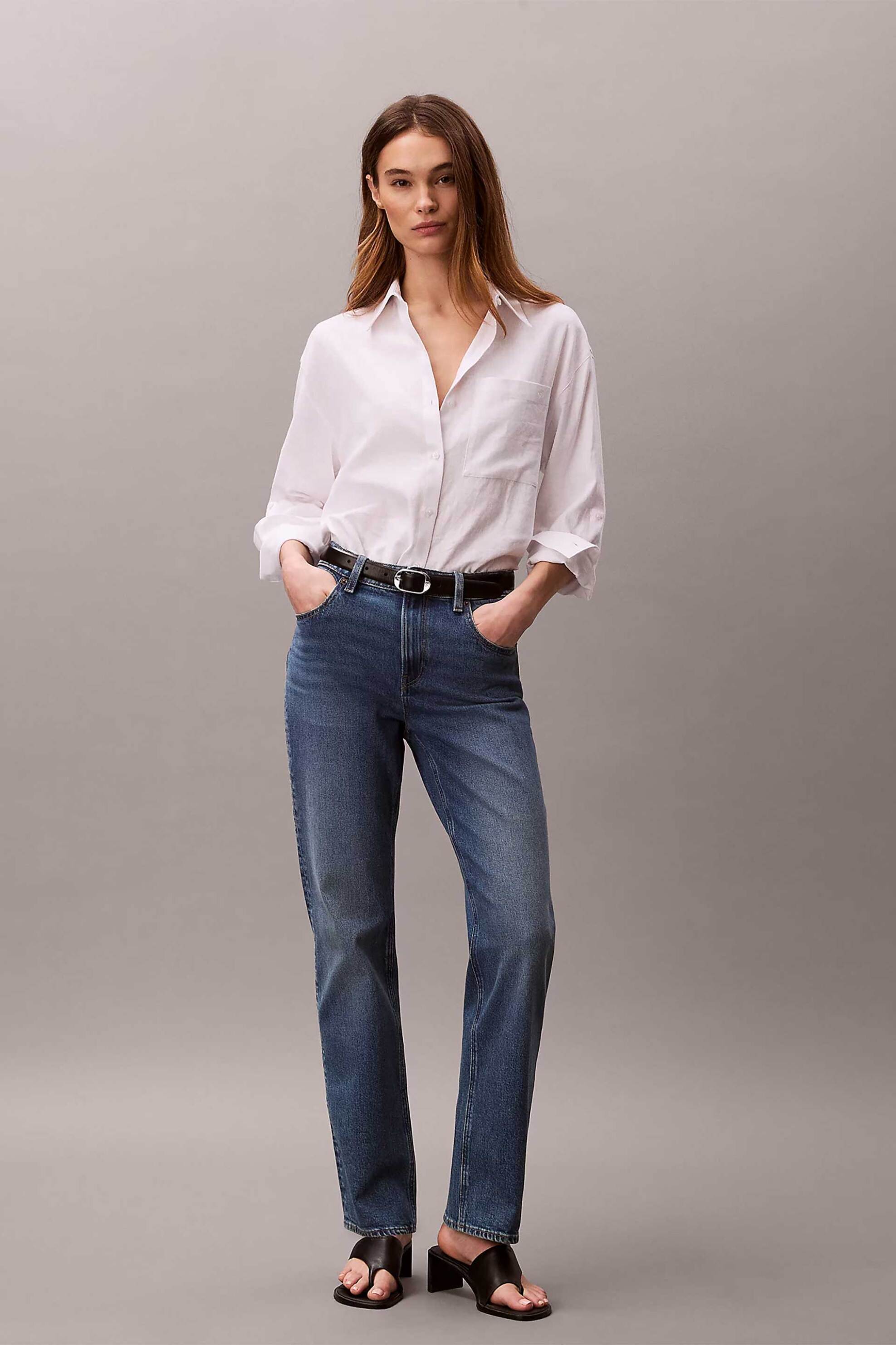 Calvin Klein Jeans γυναικείο ψηλόμεσο τζιν παντελόνι πεντάτσεπο Straight Fit - LV047F711G Denim Blue Σκούρο