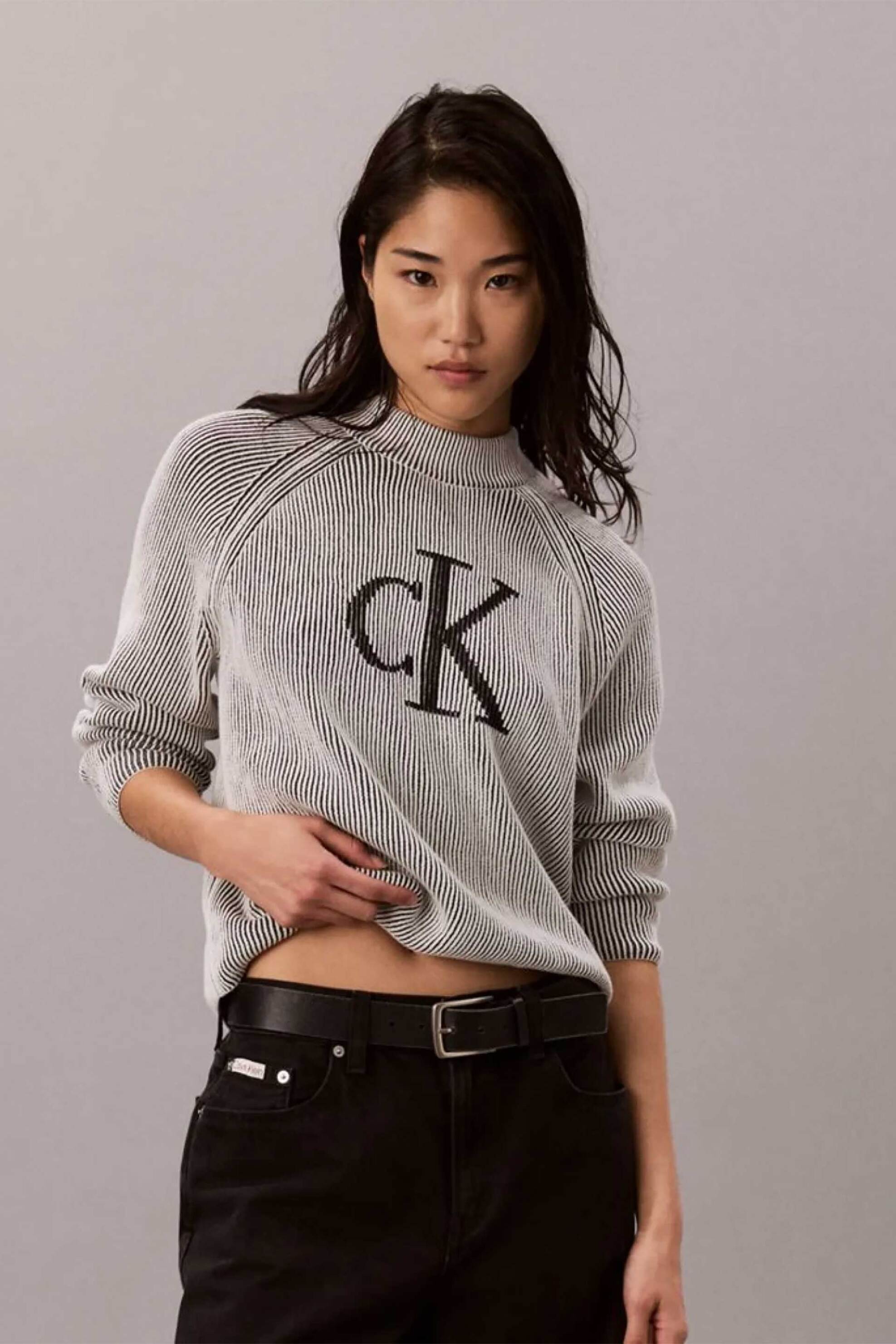 Calvin Klein Jeans γυναικείο πουλόβερ ribbed με monogram Relaxed Fit - LV047H317G Γκρι