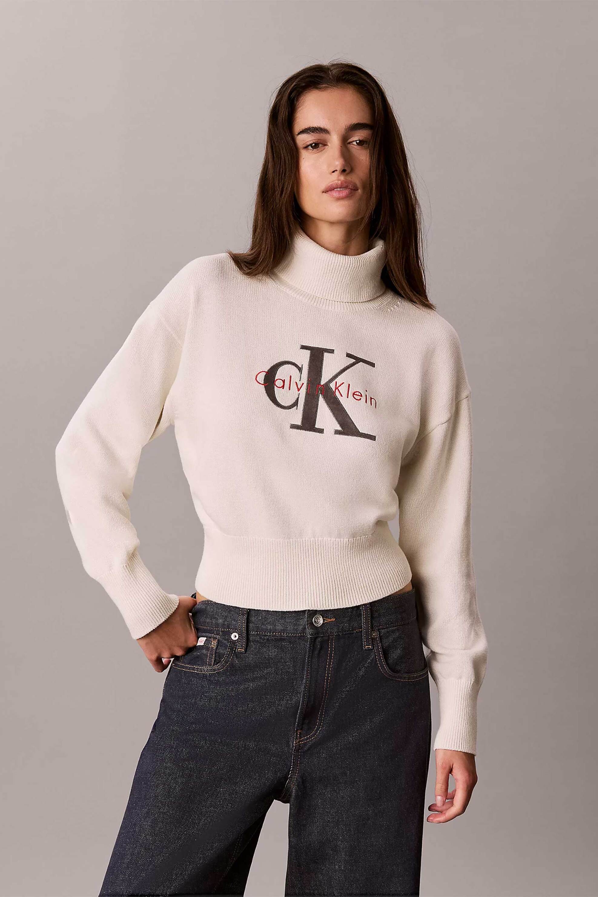 Calvin Klein Jeans γυναικεία πλεκτή μπλούζα ζιβάγκο με κεντημένο λογότυπο Relaxed Fit - LV047H329G Εκρού