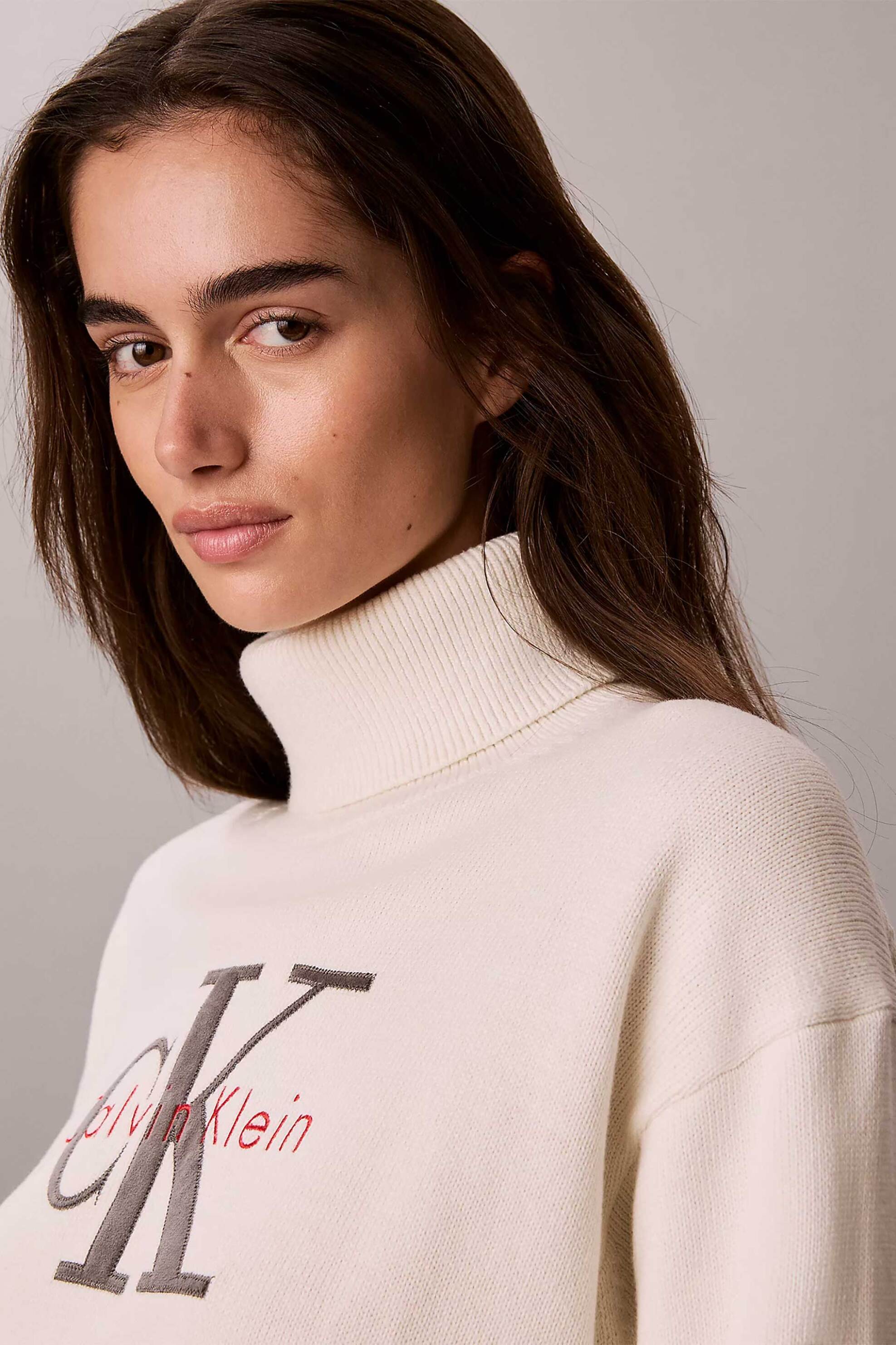 Calvin Klein Jeans γυναικεία πλεκτή μπλούζα ζιβάγκο με κεντημένο λογότυπο Relaxed Fit - LV047H329G Εκρού