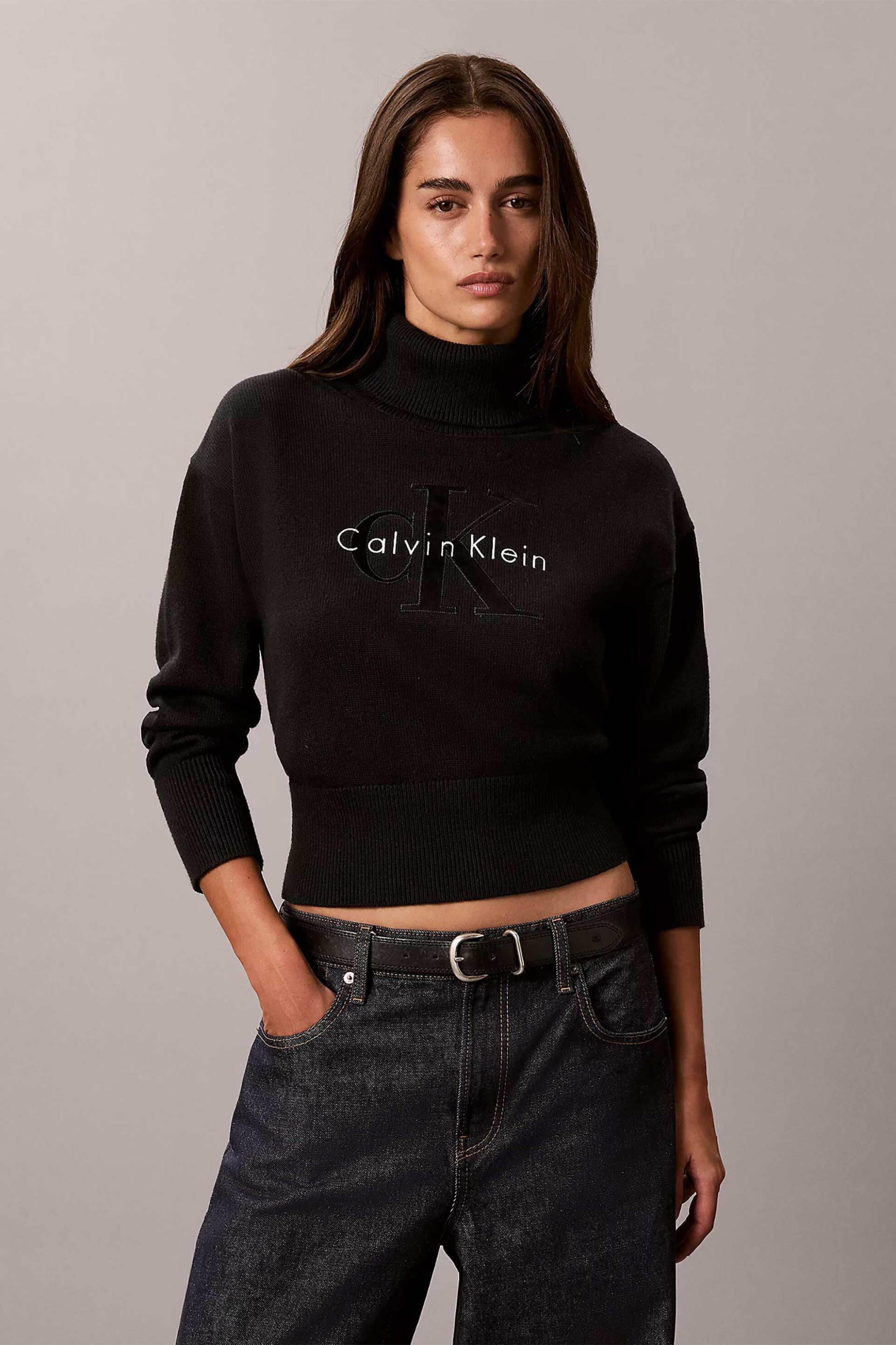 Calvin Klein Jeans γυναικεία πλεκτή μπλούζα ζιβάγκο με κεντημένο λογότυπο Relaxed Fit - LV047H329G Μαύρο