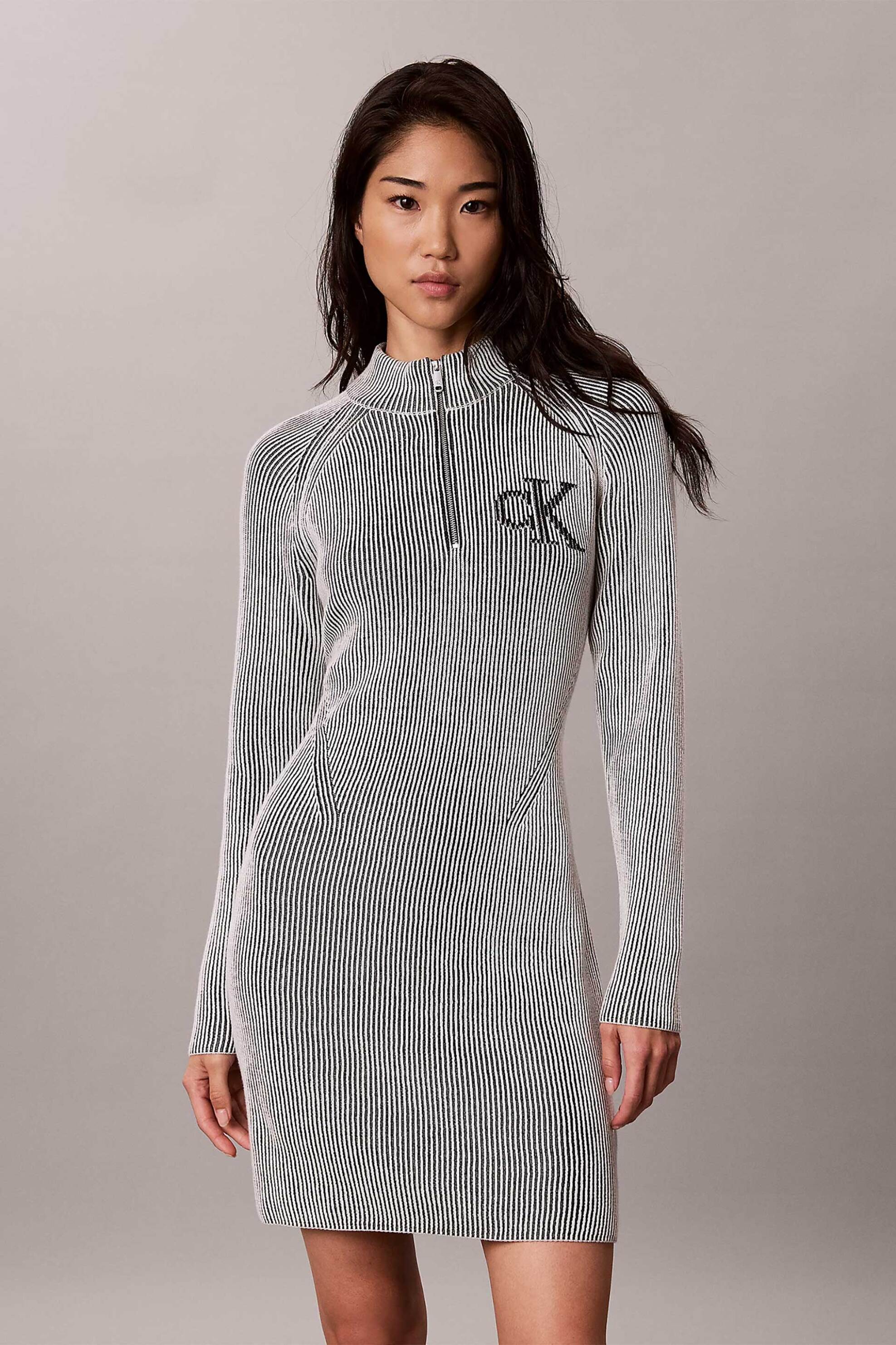 Calvin Klein Jeans γυναικείο πλεκτό mini φόρεμα ribbed με monogram Slim Fit - LV047H376G Γκρι
