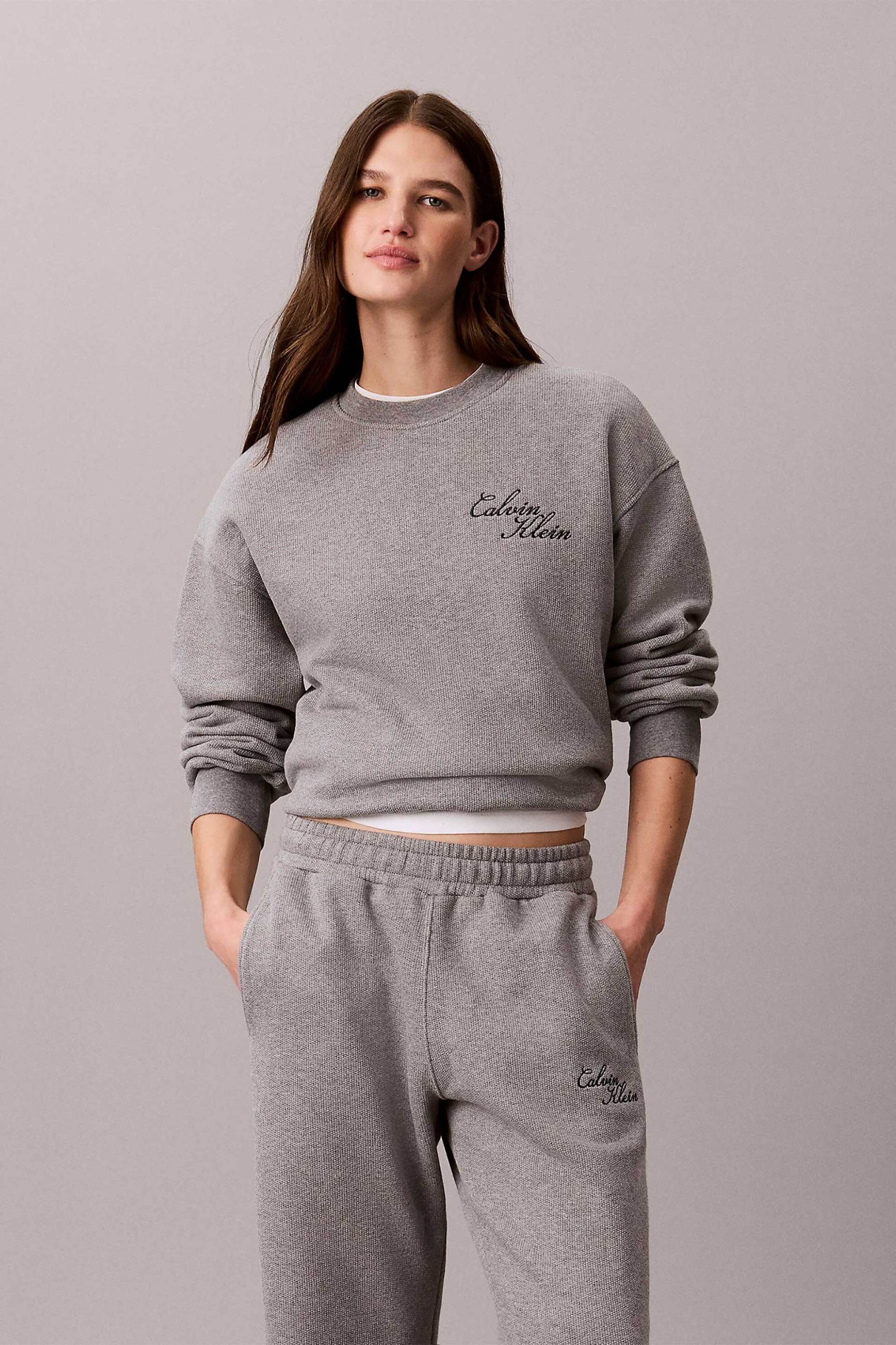 Calvin Klein Jeans γυναικεία μπλούζα φούτερ textured με κεντημένο λογότυπο Relaxed Fit - LV047H250G Γκρι