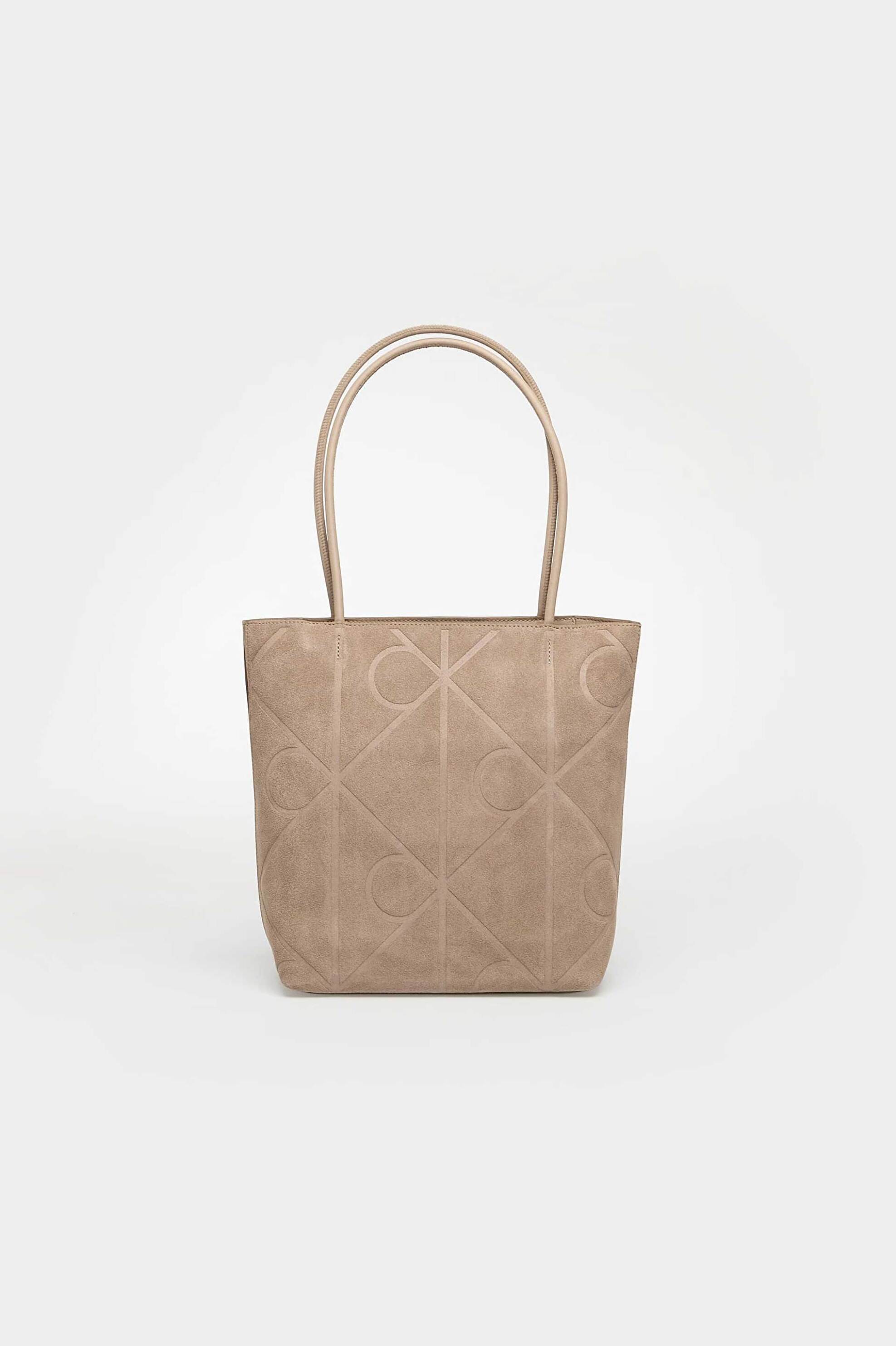 Calvin Klein Jeans γυναικεία τσάντα suede small tote με all-over logo print - LV04F3335G Μπεζ