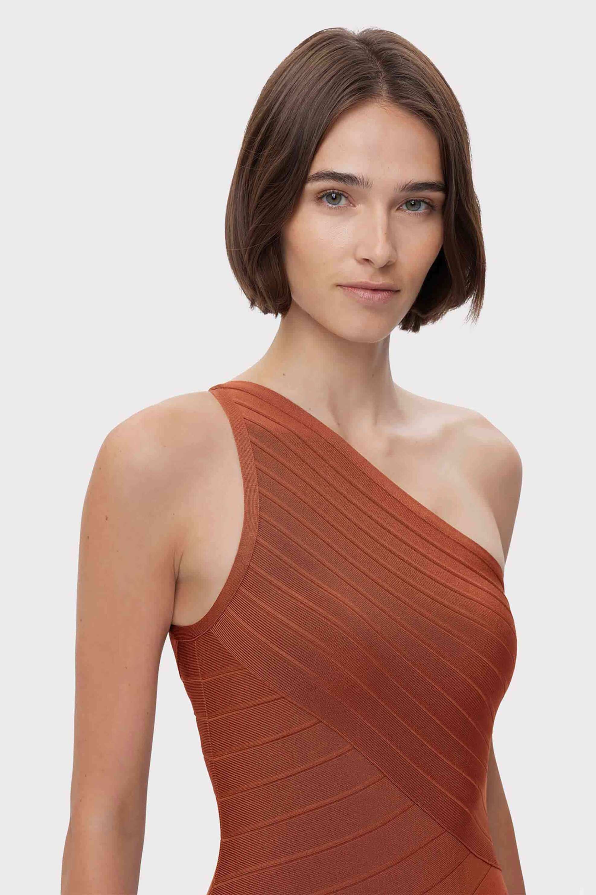 Herve Leger γυναικείο mini φόρεμα με έναν ώμο "Icon Asymmetrical" - 46HLT8458311 Κεραμιδί φωτογραφία