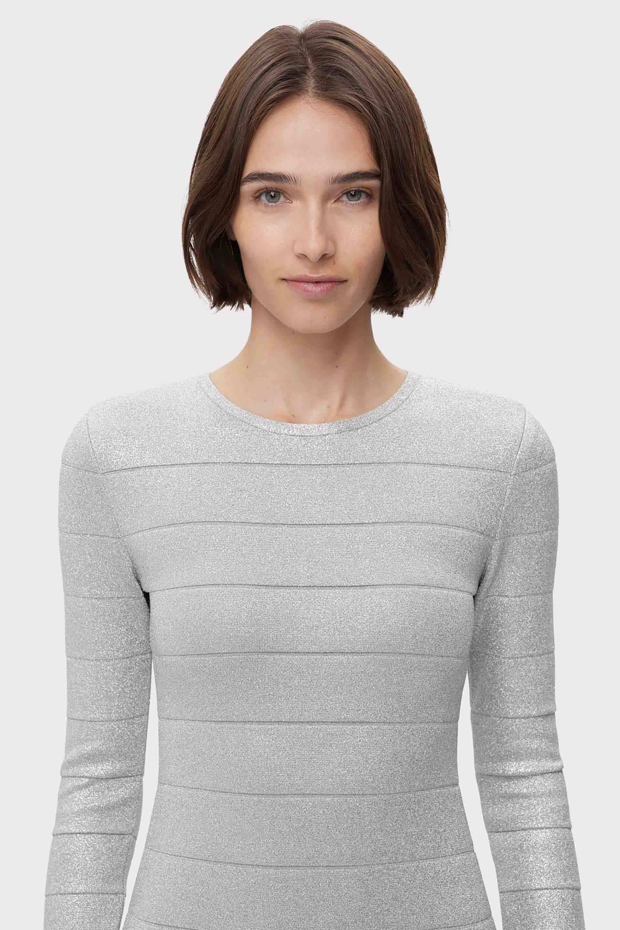 Herve Leger γυναικείο mini φόρεμα μεταλλιζέ "Disco Knit Crew Neck" - 46MDI8456469 Ασημί φωτογραφία