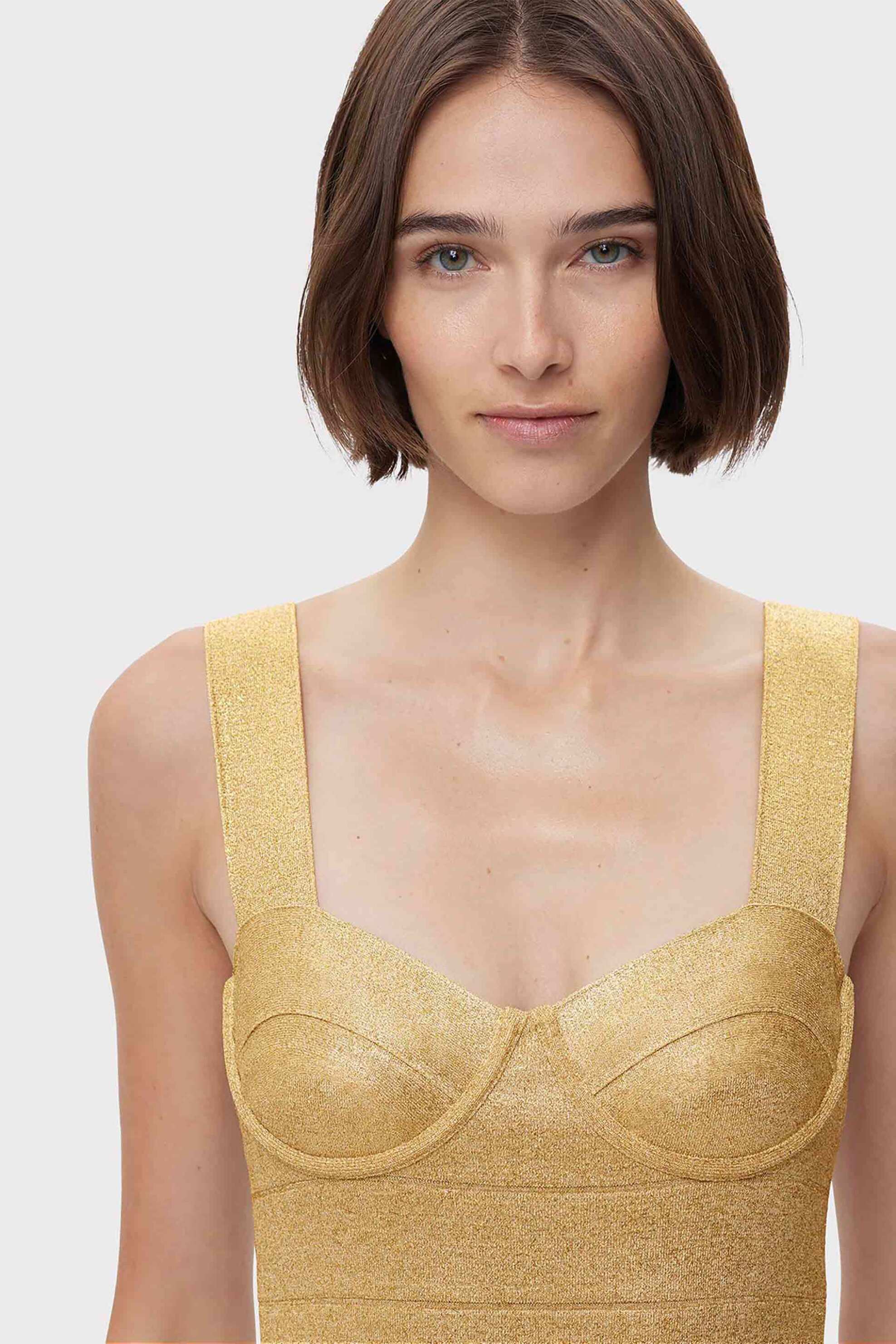 Herve Leger γυναικείο mini φόρεμα μεταλλιζέ με φαρδιές τιράντες "Disco Knit Bustier" - 46MDI8456471 Χρυσό φωτογραφία