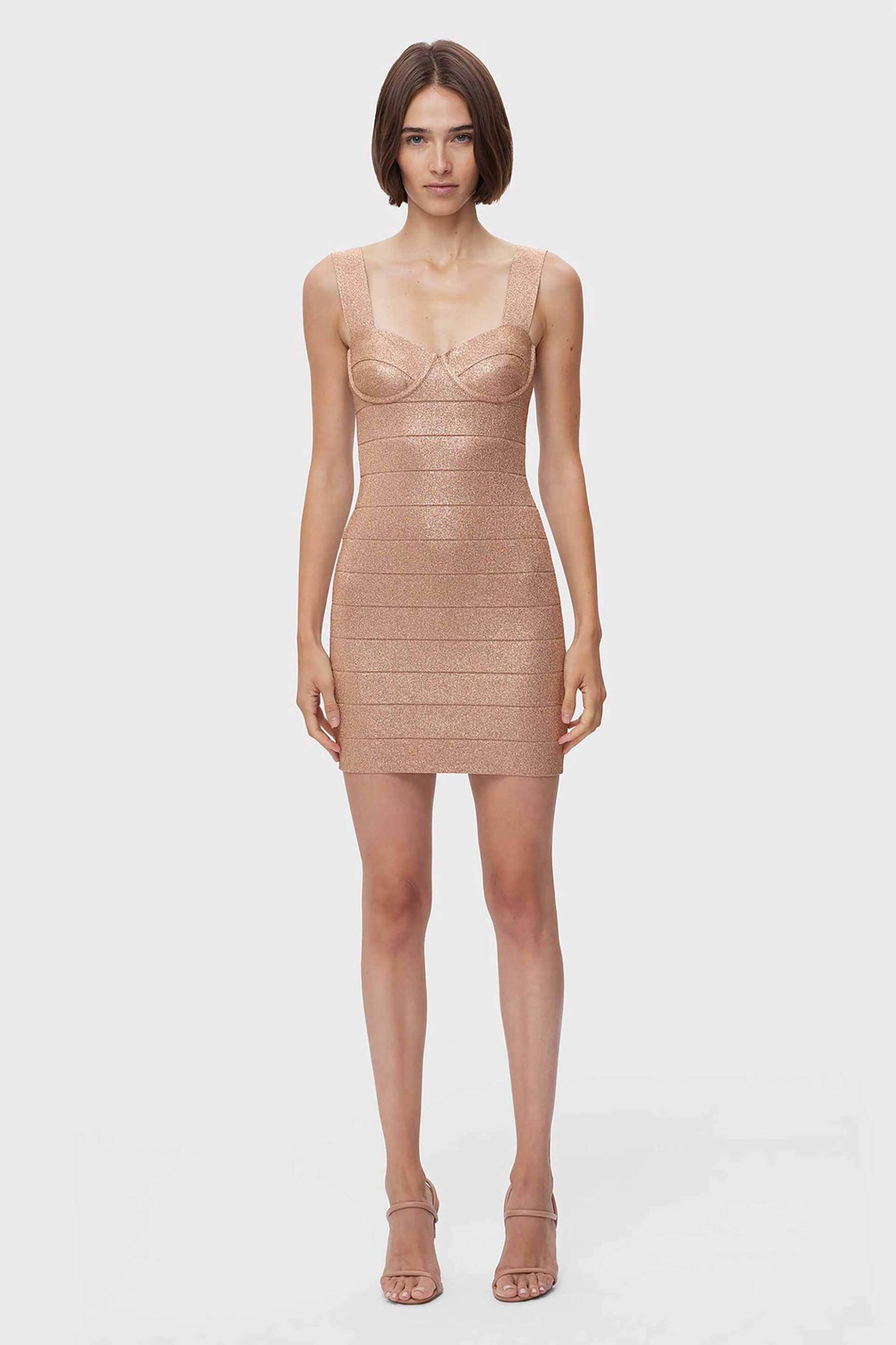 Herve Leger γυναικείο mini φόρεμα μεταλλιζέ με φαρδιές τιράντες "Disco Knit Bustier" - 46MDI8456471 Μπρονζέ 9-5074000008|ED0774|M