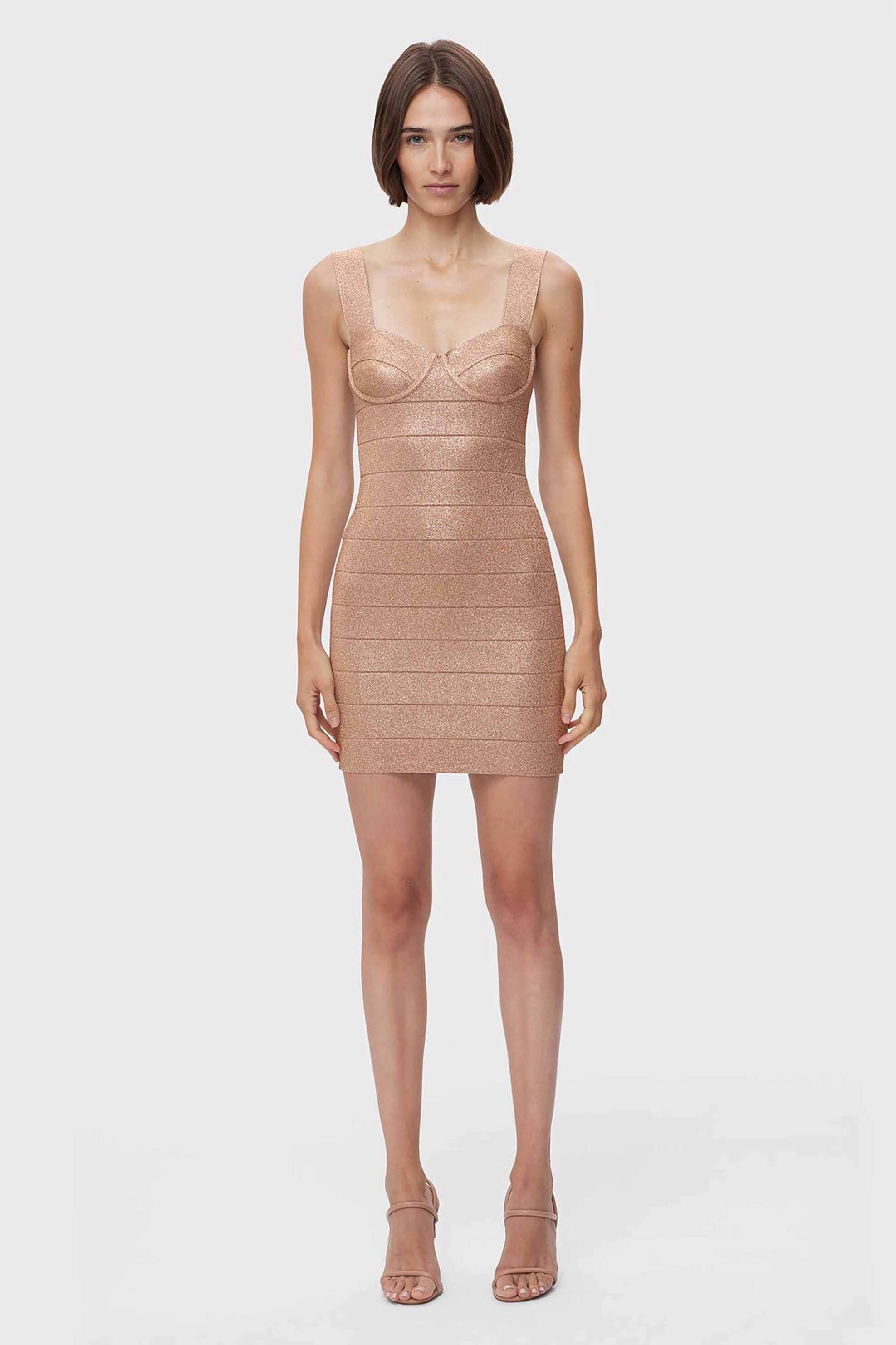 HERVE LEGER Herve Leger γυναικείο mini φόρεμα μεταλλιζέ με φαρδιές τιράντες "Disco Knit Bustier" - 46MDI8456471 Μπρονζέ