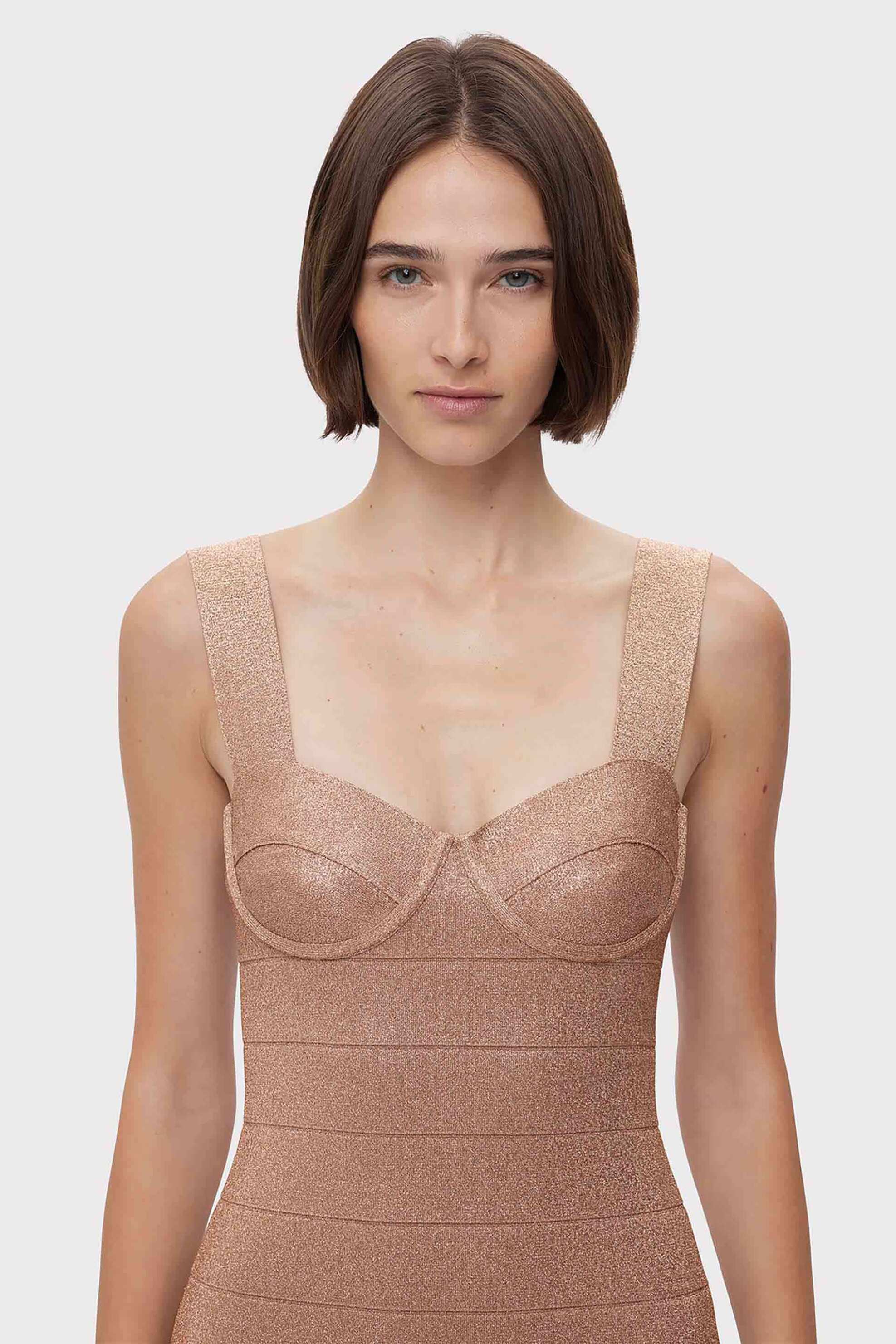 Herve Leger γυναικείο mini φόρεμα μεταλλιζέ με φαρδιές τιράντες "Disco Knit Bustier" - 46MDI8456471 Μπρονζέ φωτογραφία
